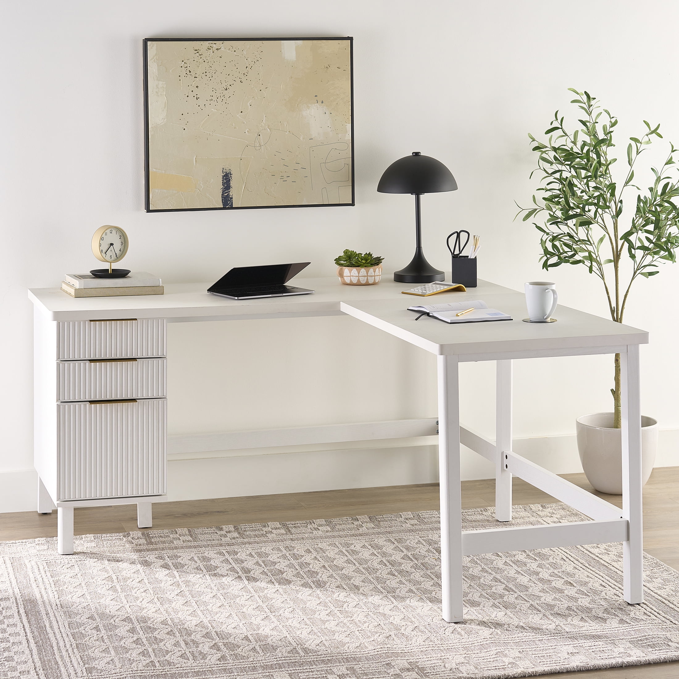 Better Homes & Gardens Lillian Fluted L-Shape Desk for Home Office, White