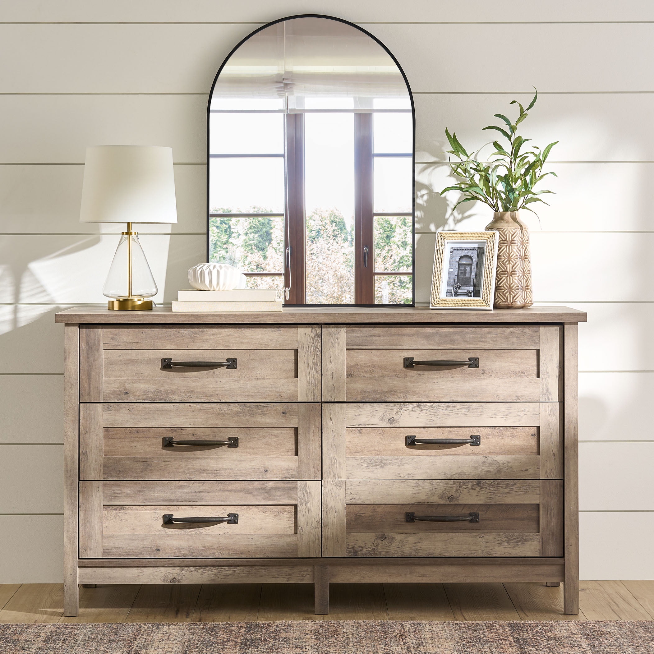Better Homes & Gardens Modern Farmhouse 56.85" Wide 6 Drawer Dresser, Rustic Gray Finish