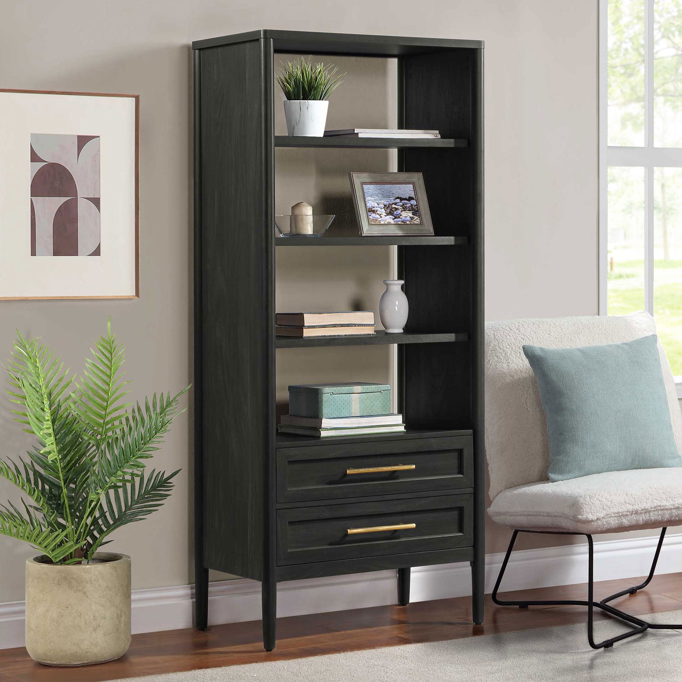 Better Homes & Gardens Oaklee 4-Shelf Bookcase with Storage Drawers, Charcoal Finish