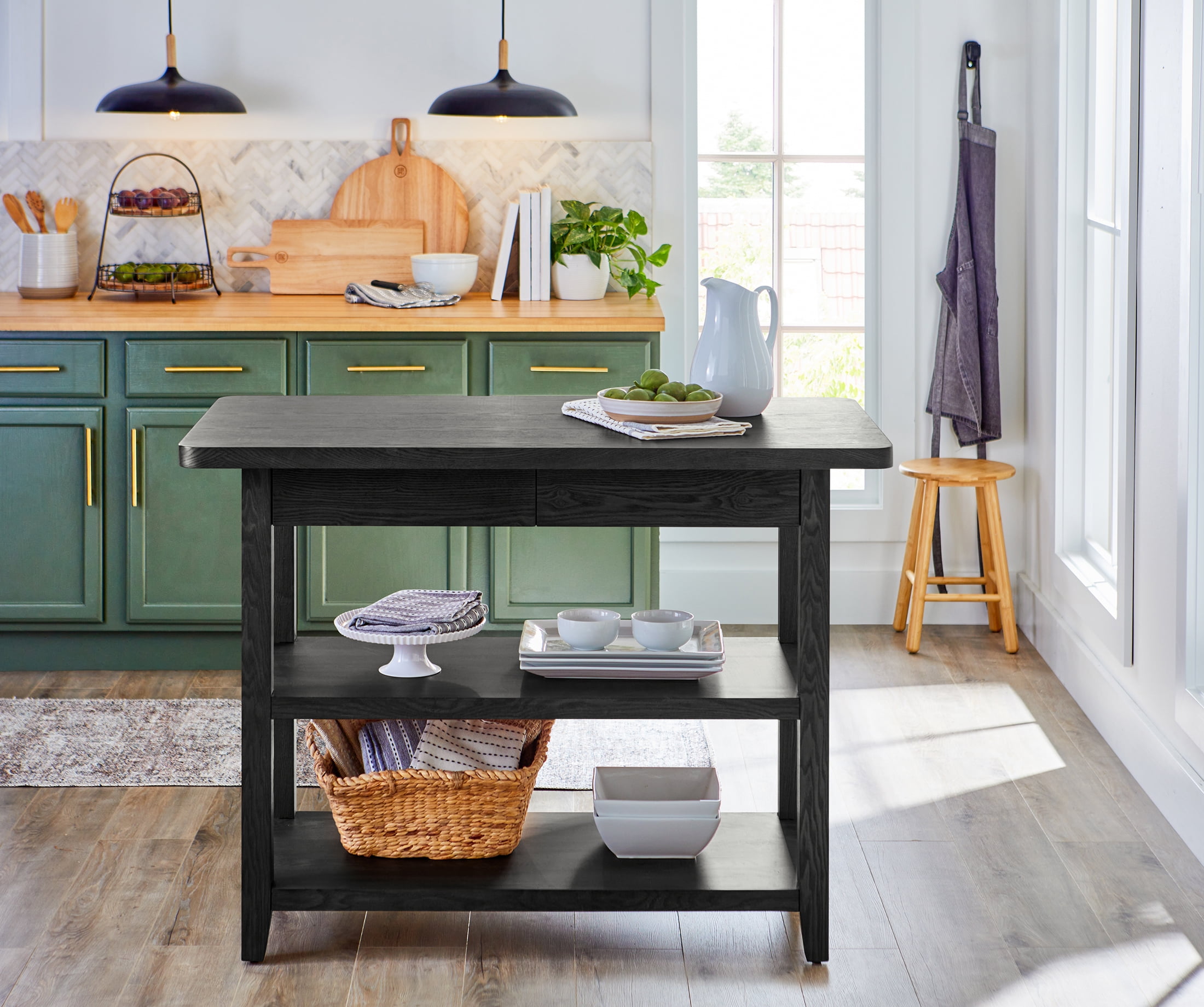 Better Homes & Gardens Reading Wood Kitchen Island with 2 Shelves and Drawers, Black Color