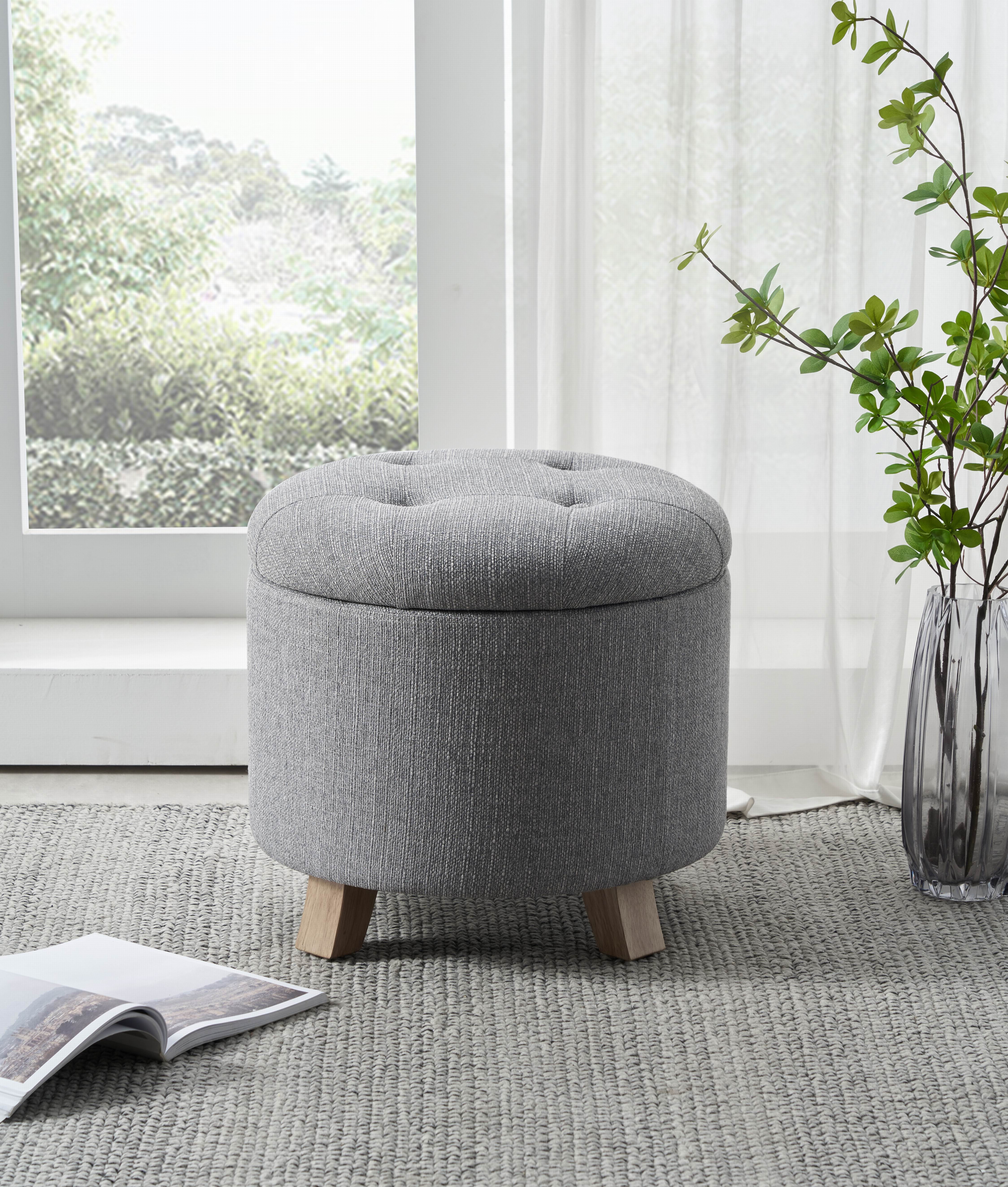 Better Homes & Gardens Round Tufted Storage Ottoman, Gray Faux Linen