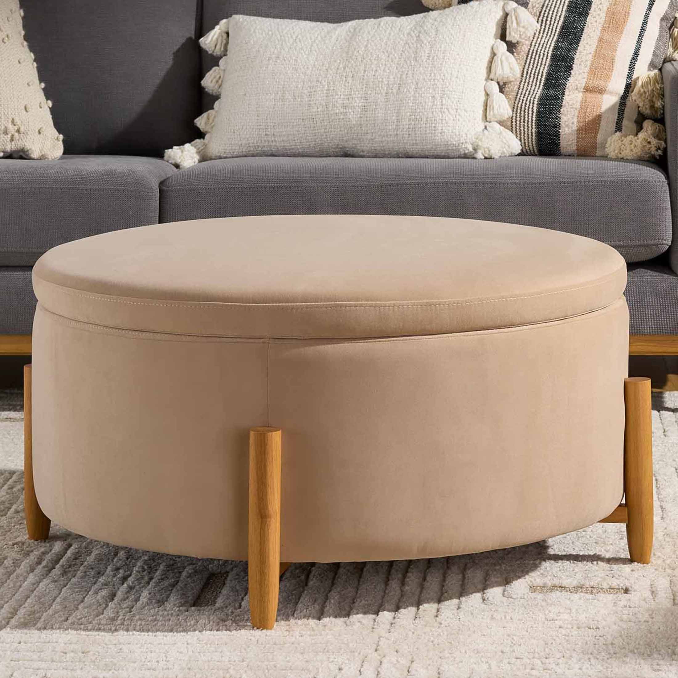 Better Homes & Gardens Springwood Round Storage Ottoman, Beige Velvet