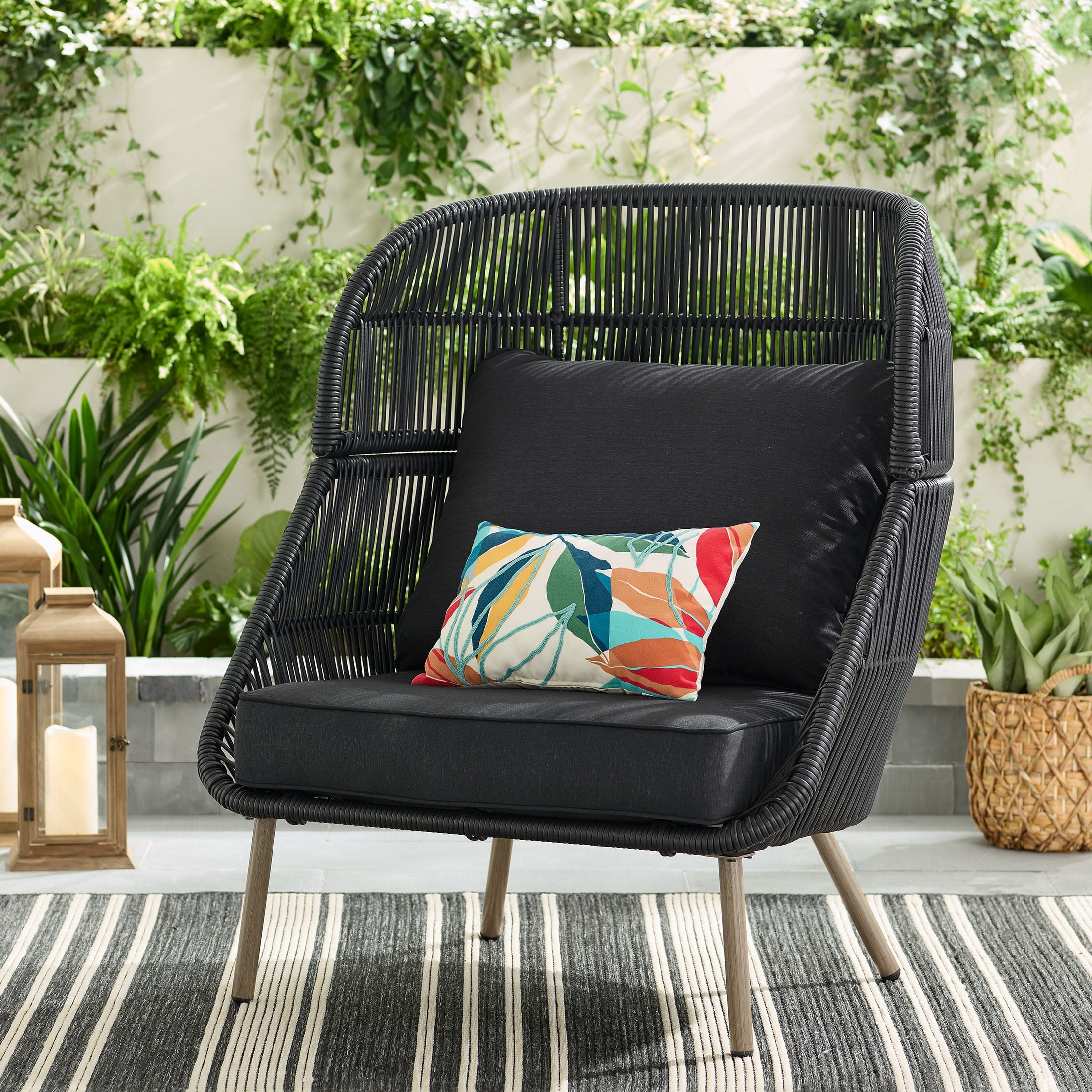Better Homes & Gardens Tarren Wicker Outdoor Accent Chair with Cushions, Black
