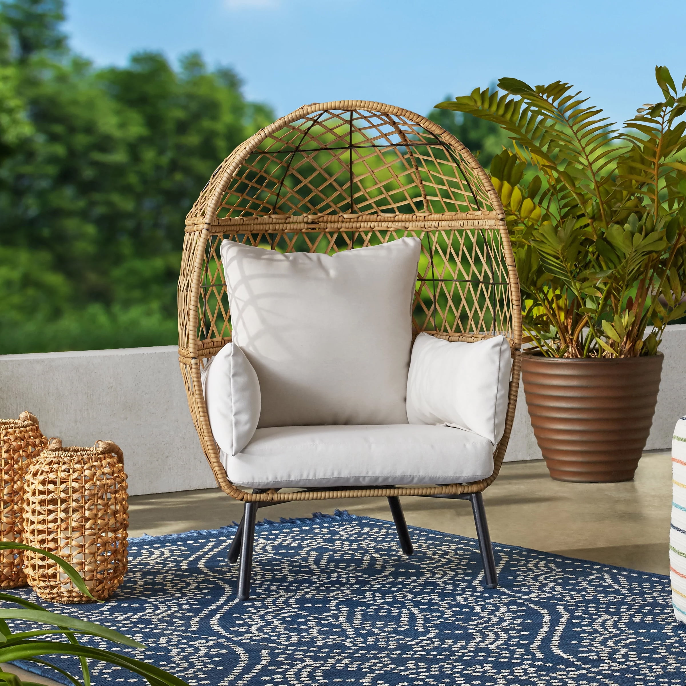 Better Homes & Gardens Ventura Boho Outdoor Wicker Stationary Kid's Egg Chair, Tan
