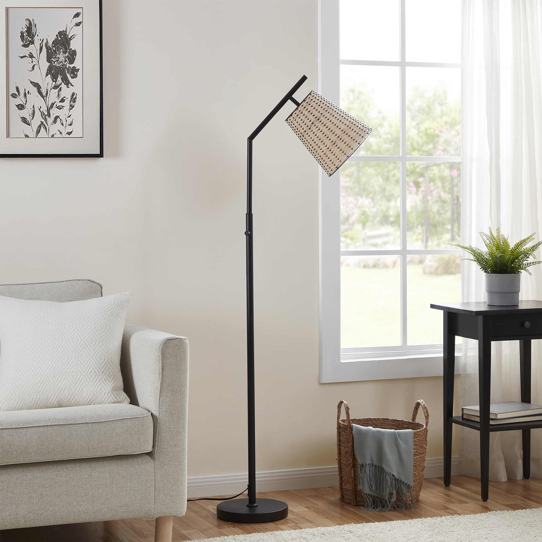 Better Homes & Gardens 60” Boho Black Angled Floor Lamp with Natural Shade