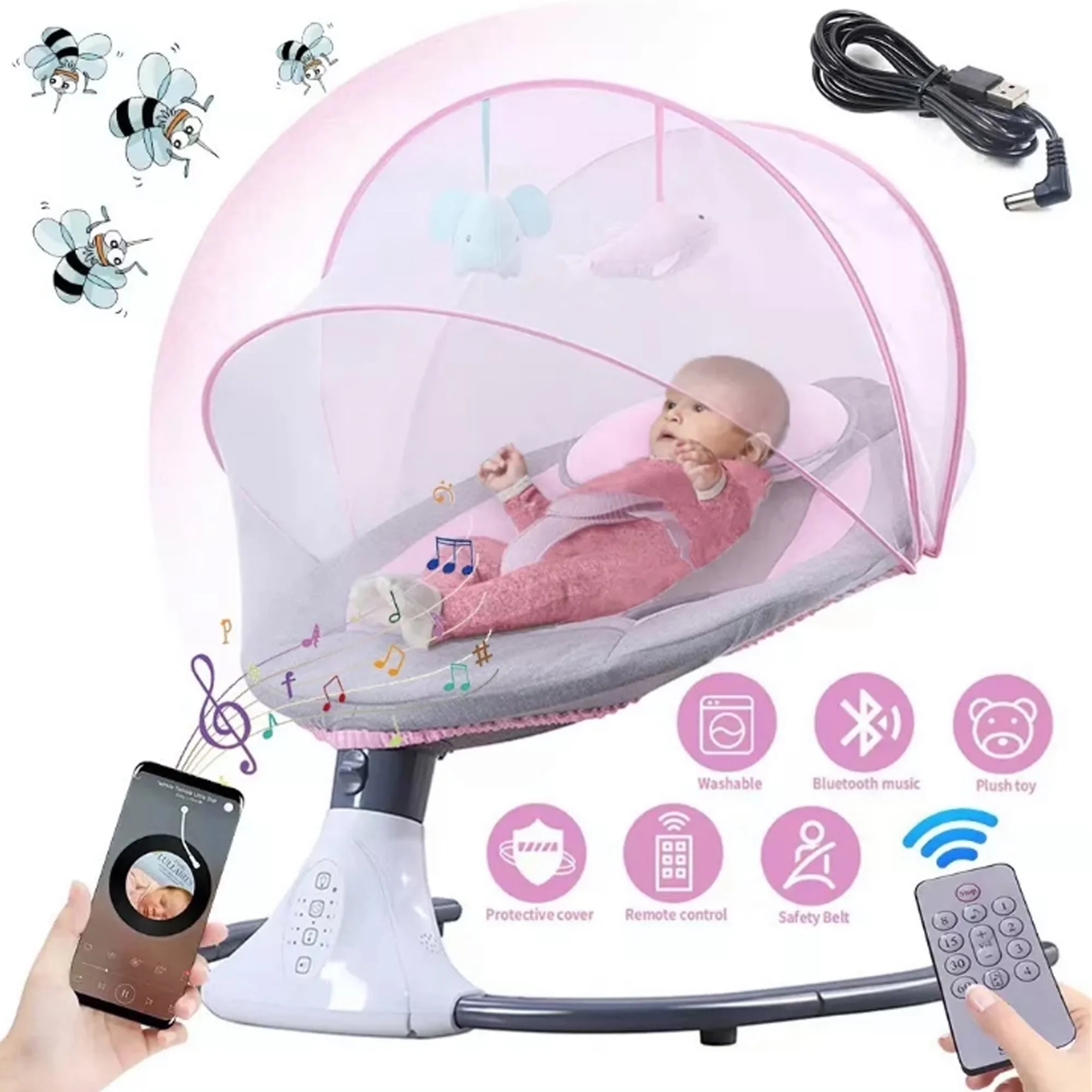 Beuway Electric Baby Swing, Infant Swing Rocker with Remote Control, 4 Sway Speeds, Bluetooth Music, Pink