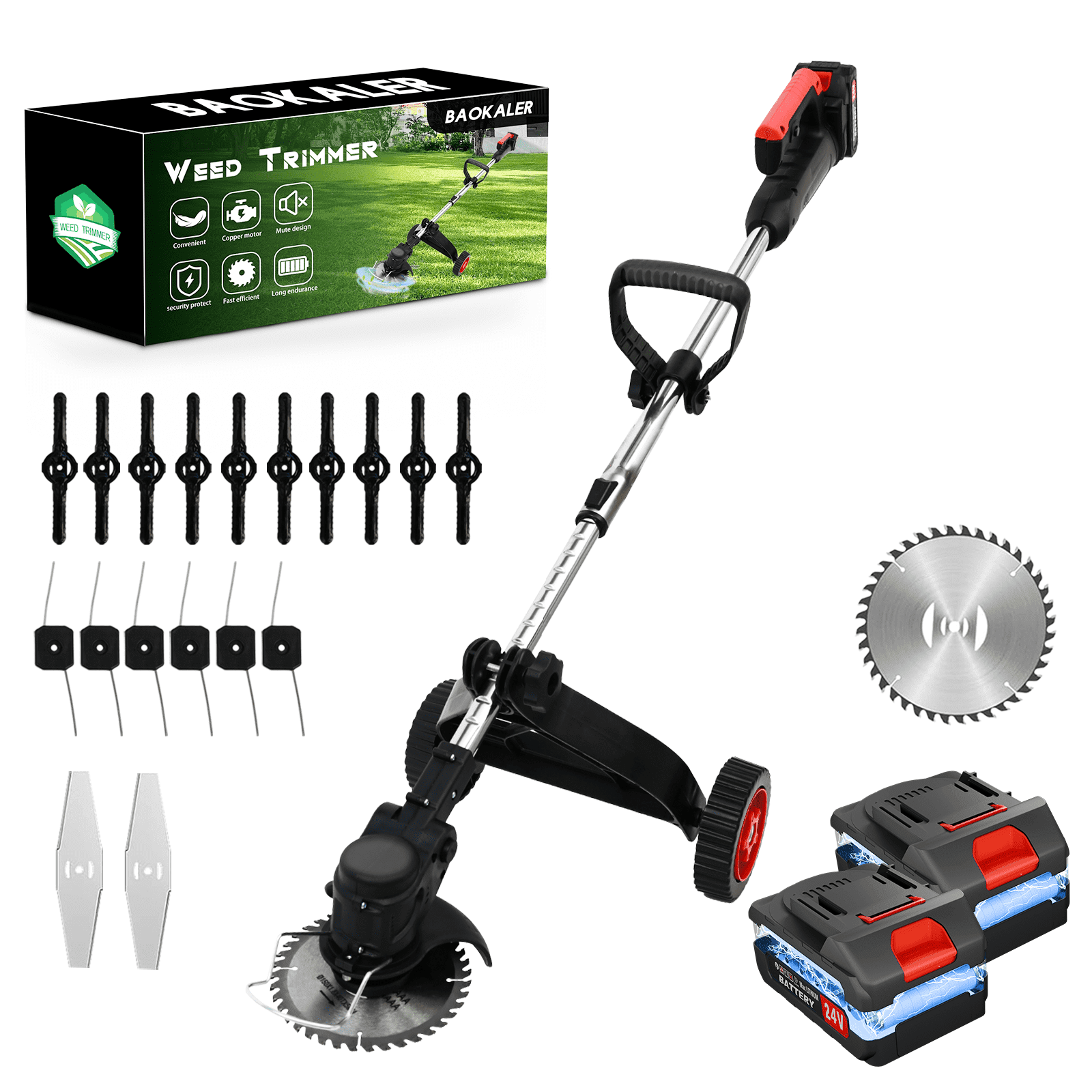 BAOKALER Cordless Electric Weed Wacker String Trimmer with Wheels, Equipped with Three Types of Blades and 2 Battery