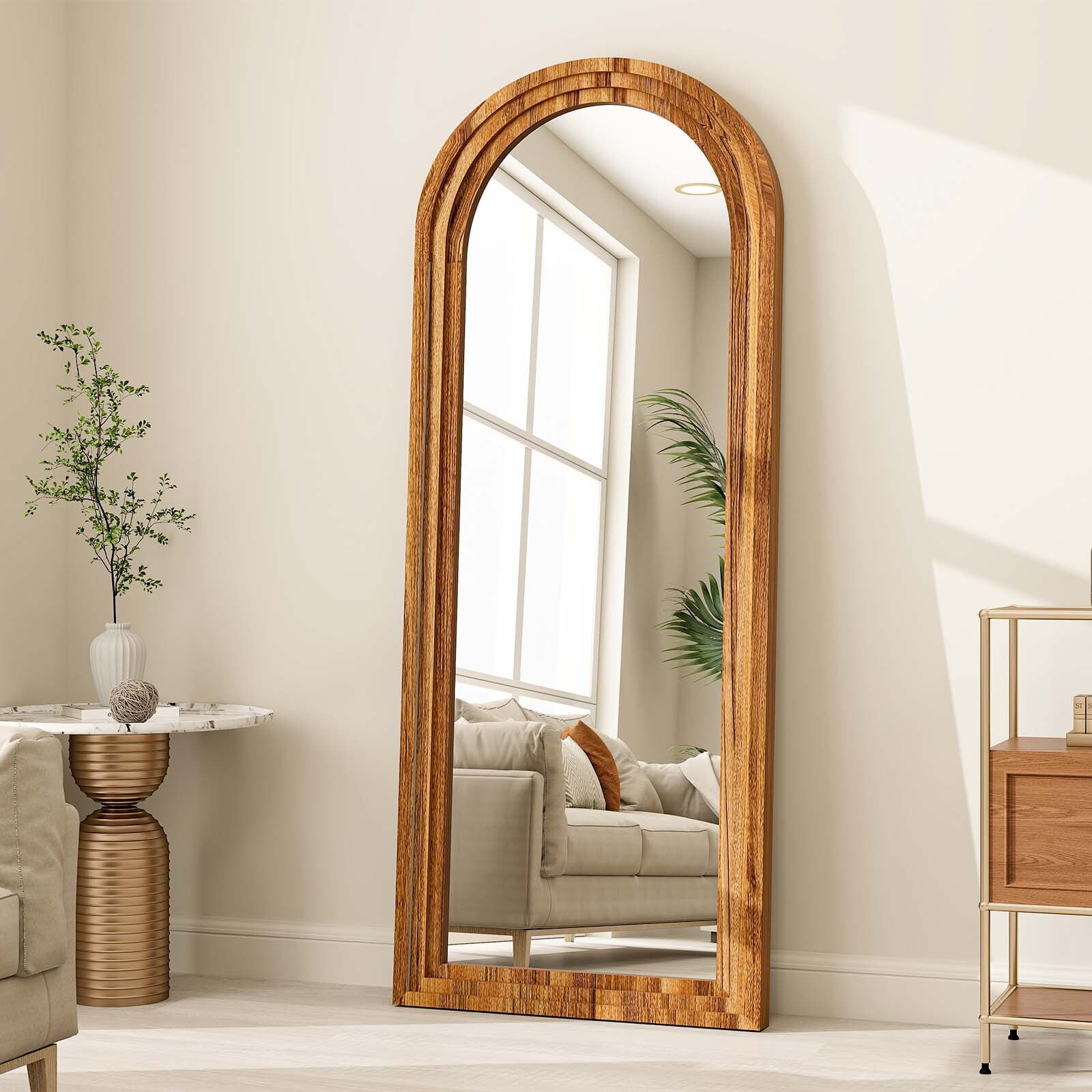 BEAUTYPEAK 21"x 64" Classic Paulownia Wood Framed Arched Full Length Mirror, Brown