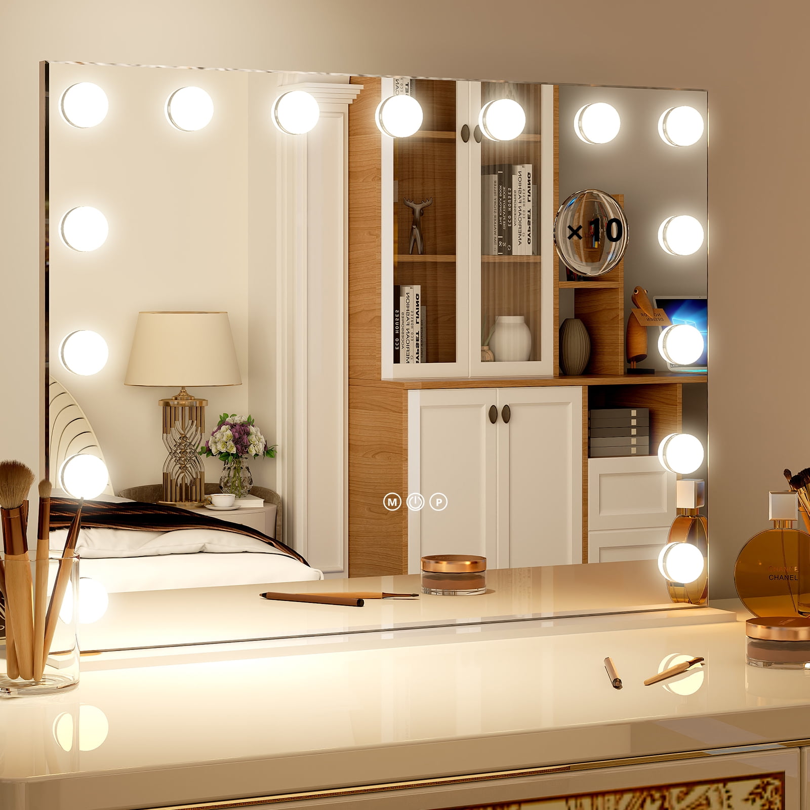 BEAUTYPEAK 23"x18" Rectangular Hollywood Vanity Mirror with Magnifier and 15 Adjustable Light Bulbs, White