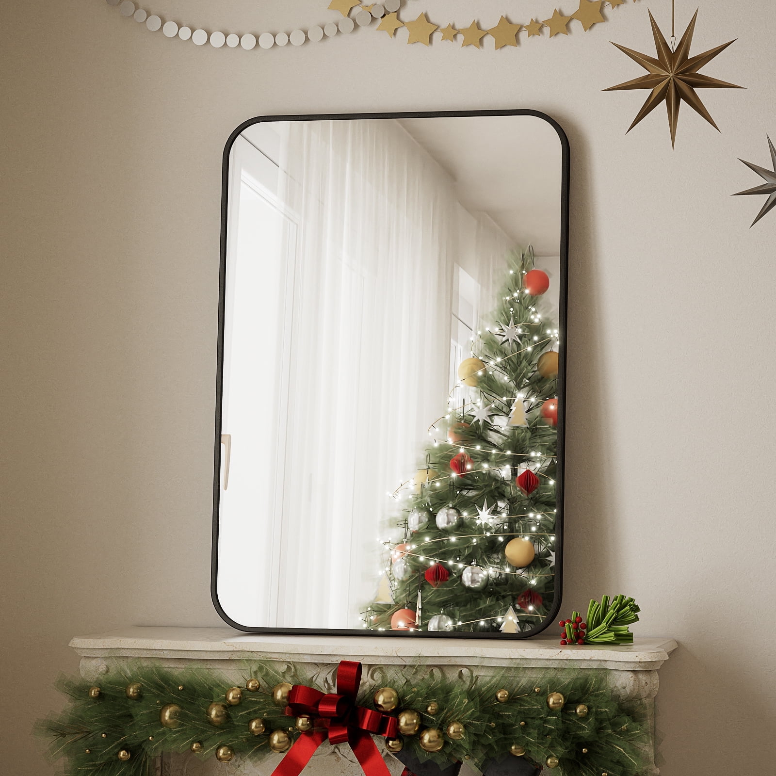 BEAUTYPEAK 24"x36" Wall Mirror Rounded Corners Hanging Vanity Mirror Black