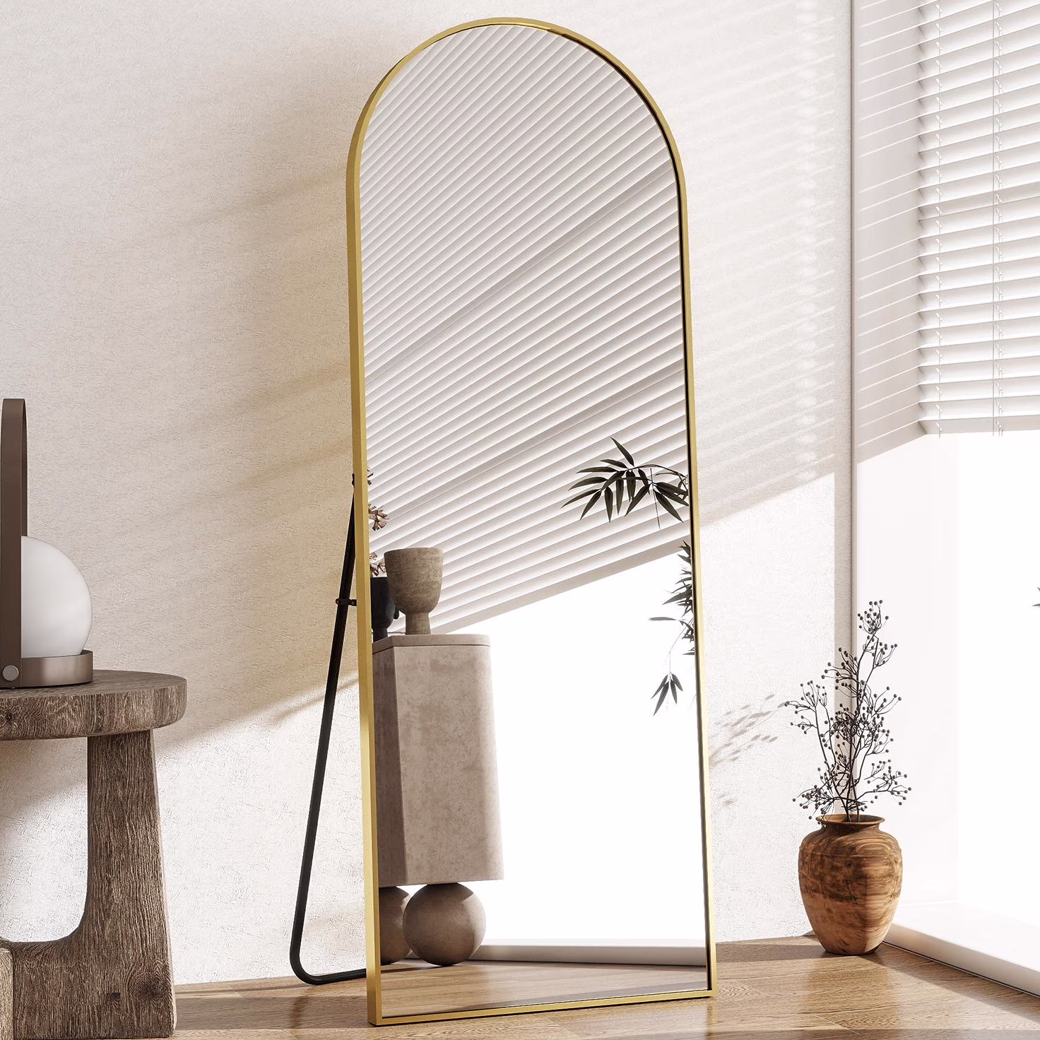 BEAUTYPEAK 59"x16.1" Arch-Top Full Length Mirror Floor Mirrors with Stand Wall-Mounted, Gold
