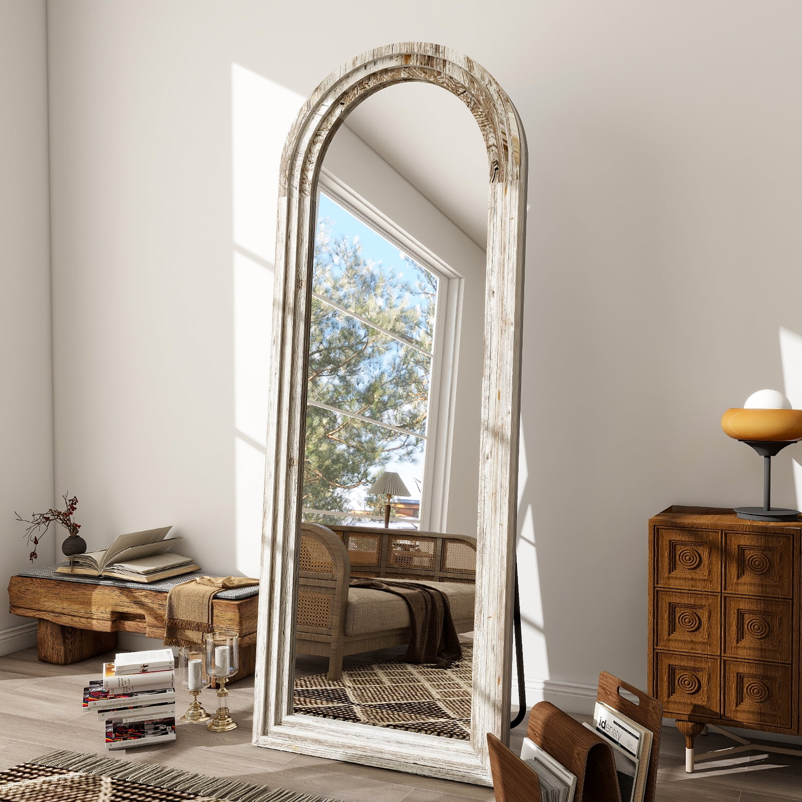 BEAUTYPEAK 64"x21" Arched Full Length Mirror with Stand Solid Wooden Framed Floor Mirror Full Body Mirror,Retro White
