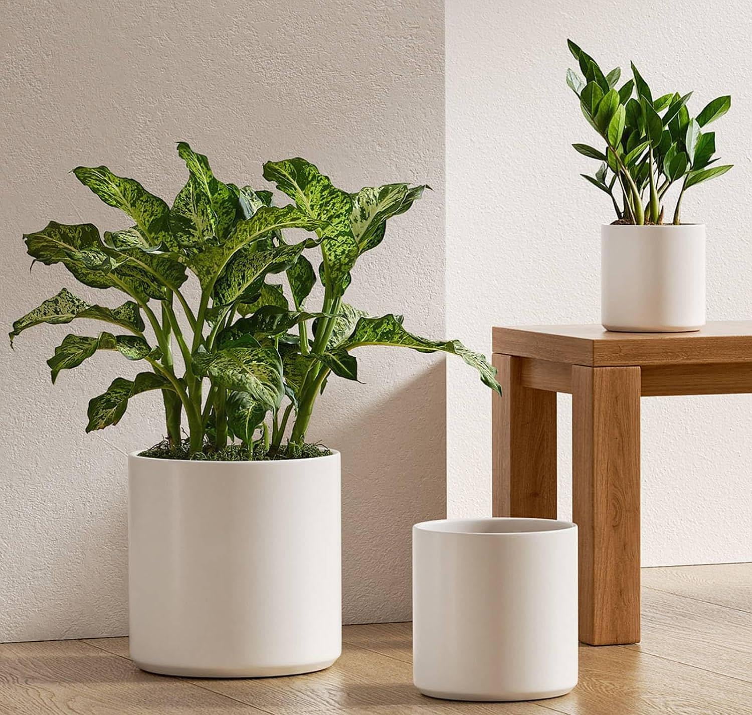 BEMAY Set of 3 (10"+8"+6") Plant Pots with Drainage Hole & Plug for Indoor & Patio Decor, White Indoor Plant Pots