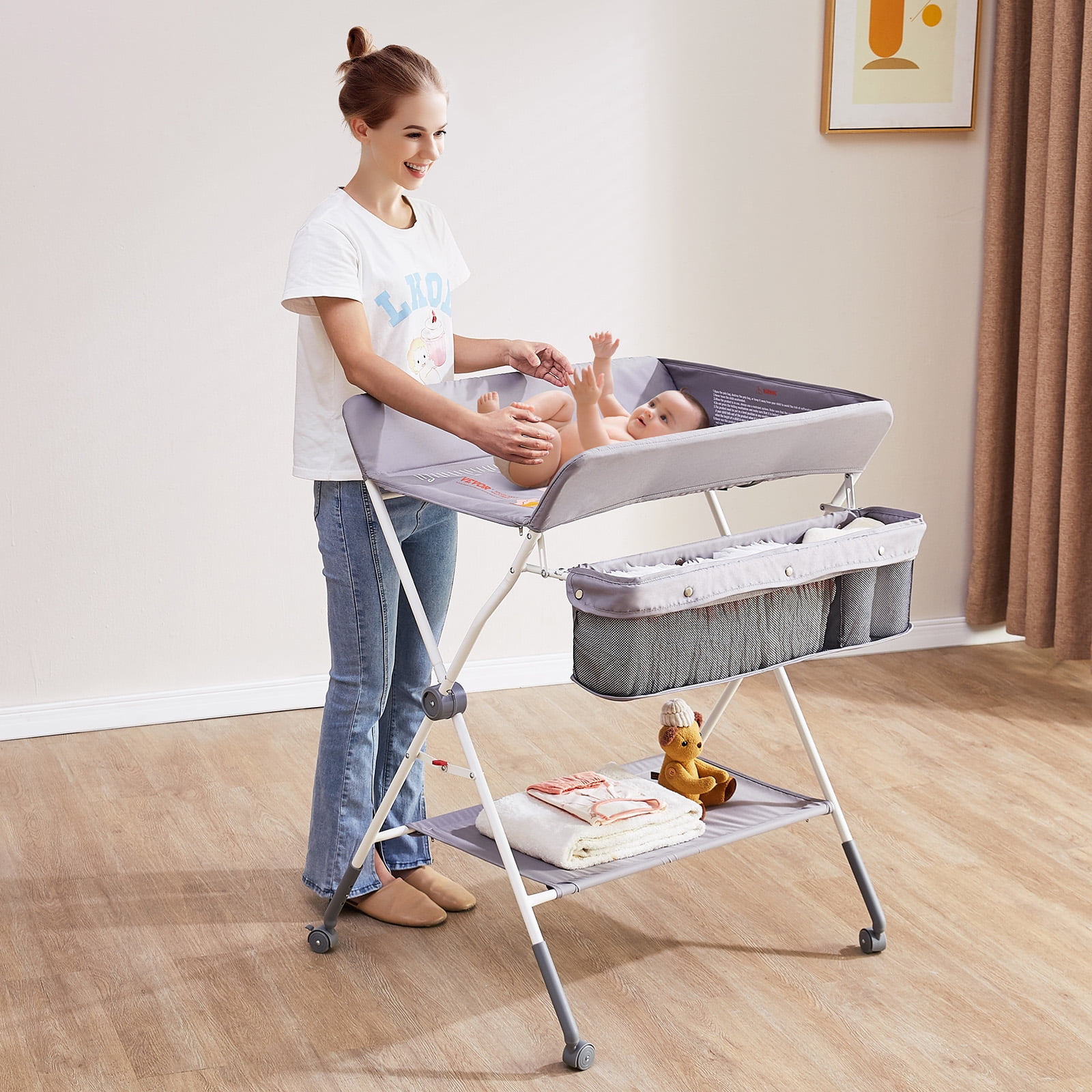 BENTISM Baby Changing Table Folding Diaper Changing Station with Lockable Wheels Portable Folding Diaper Changing Station, Grey