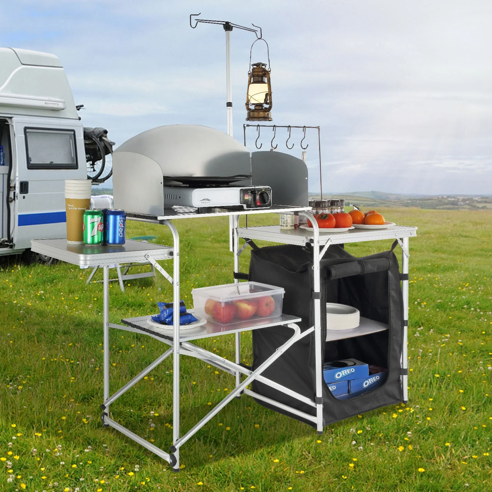 VEVOR Camping Kitchen Table Folding Portable Cook Table 1 Cupboard & Windscreen