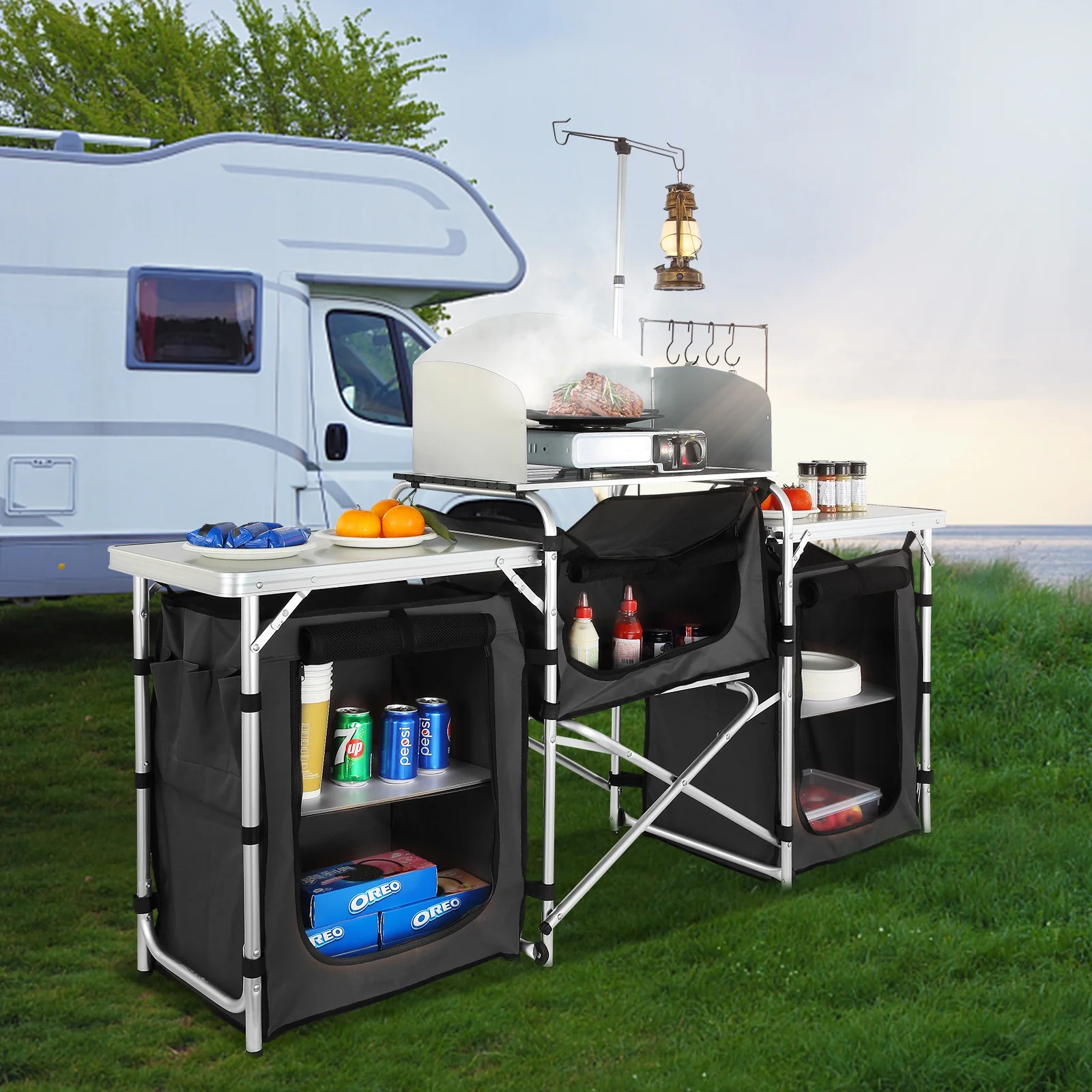 VEVOR Camping Kitchen Table Folding Portable Cook Table 3 Cupboards Black