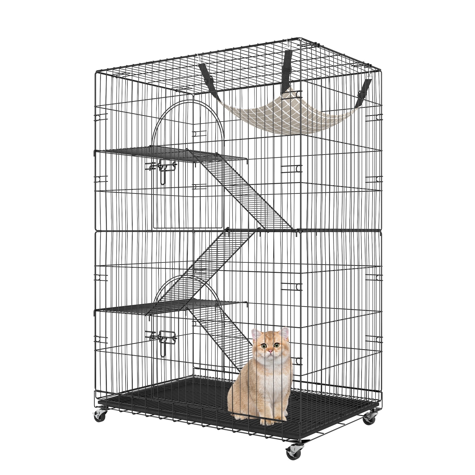 VEVOR Catio, 4-Tier Large Cat Cages Indoor, Detachable Metal Playpen Enclosure with 360 Rotating Casters, with 3 Ladders and a Hammock for 1-3 Cats, 35.4x23.6x51 inch