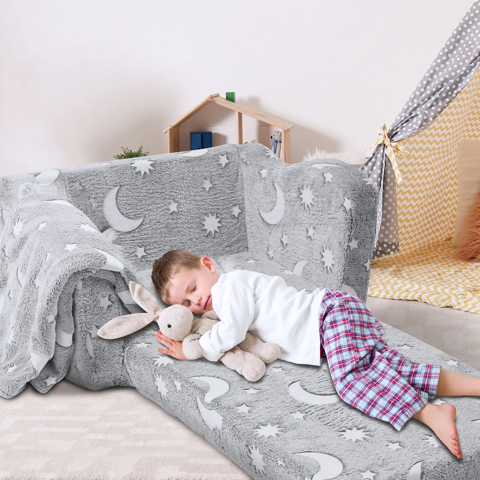 VEVOR Cozee Flip-Out Chair - 2-in-1 Convertible Chair to Lounger for Kids Glow in The Dark Toddler Chairs GRAY