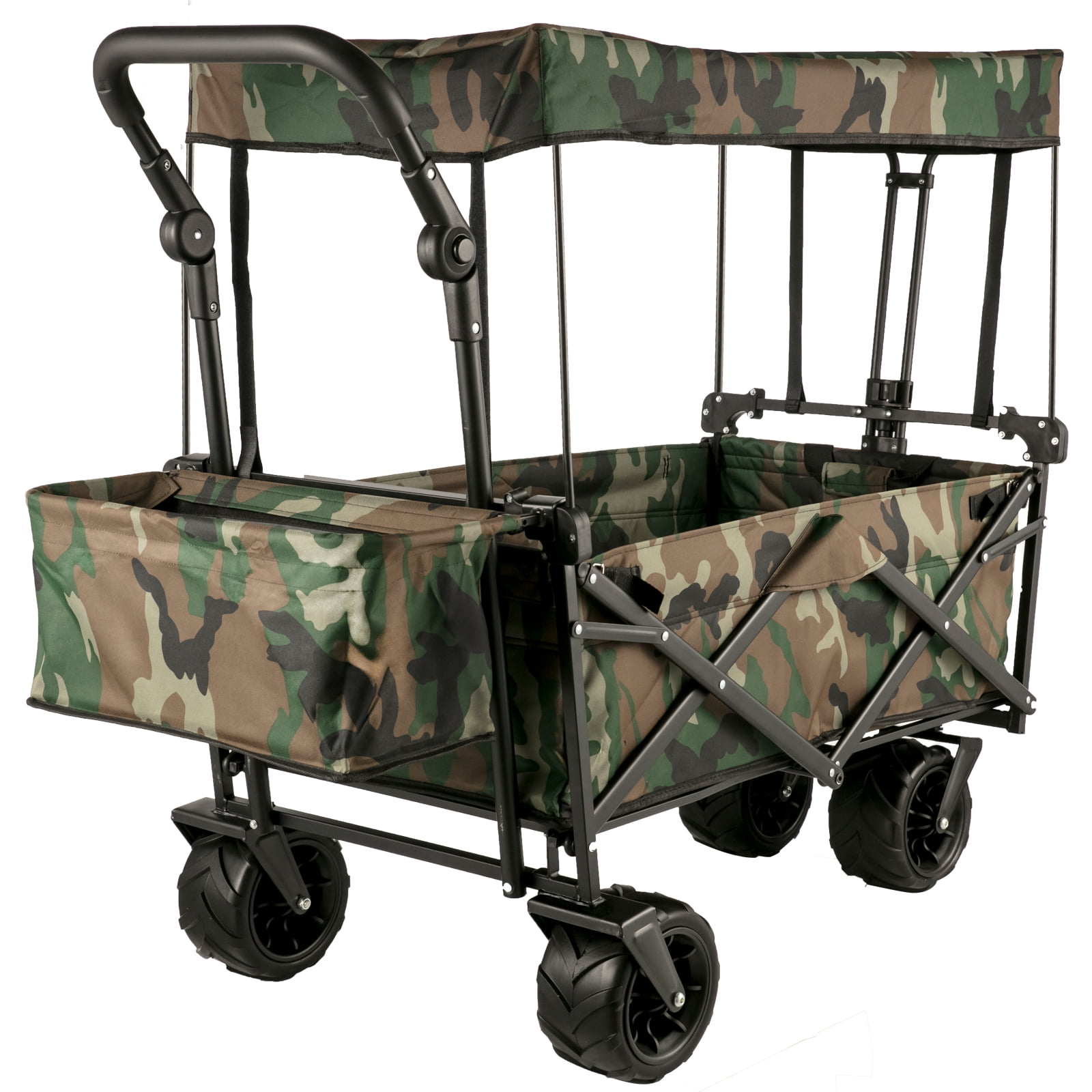 BENTISM Collapsible Wagon Cart, Folding Utility Garden Cart with Removable Canopy 600D Oxford Cloth,Wide Large All Terrain Wheels,Adjustable Handles Beach Cart for Camping (Camouflage)