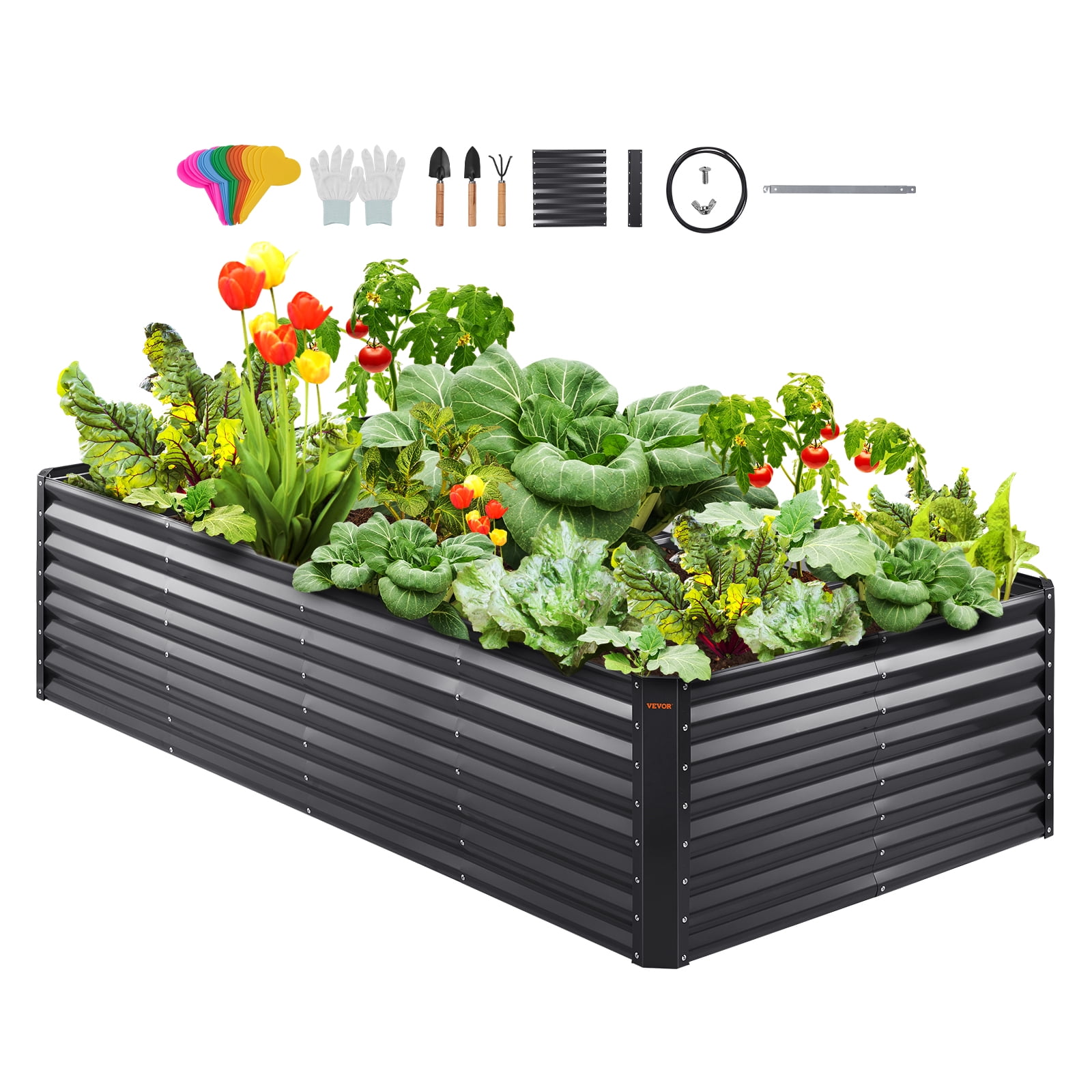 VEVOR Galvanized Raised Garden Bed, 8x4x2 FT Large Metal Raised Planter Box Garden Beds Outdoor for Vegetables Flowers and Herbs with Open Bottom and Planting Tools, Dark Grey