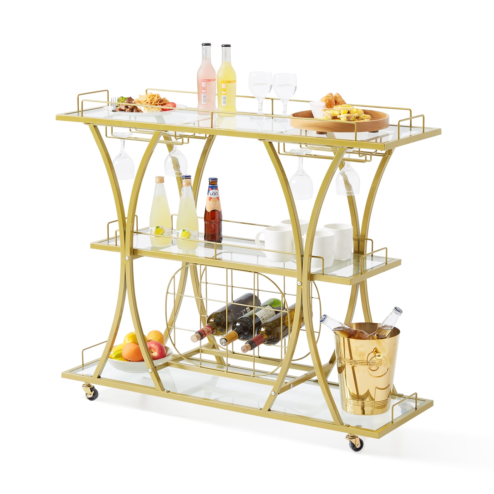 VEVOR Gold Bar Cart, 3 Tiers Home Bar Serving Cart with Lockable Wheels and Wine Rack Glass Holder, Rolling Wine Cart, Modern Wine Cart for Home Kitchen Dining and Living Room, 180 lbs