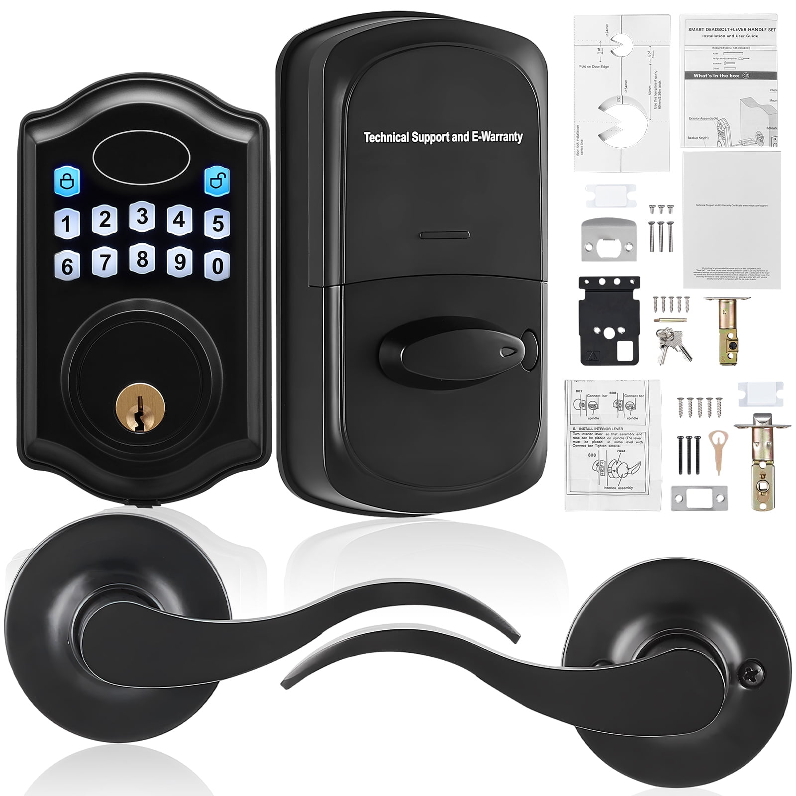 BENTISM Keyless Entry Door Lock with Handle, Password and Key Unlock Combination Door Lock, Electronic Keypad Entry Lever, Auto-Locking Keypad Door Lock with Deadbolt for Front Door