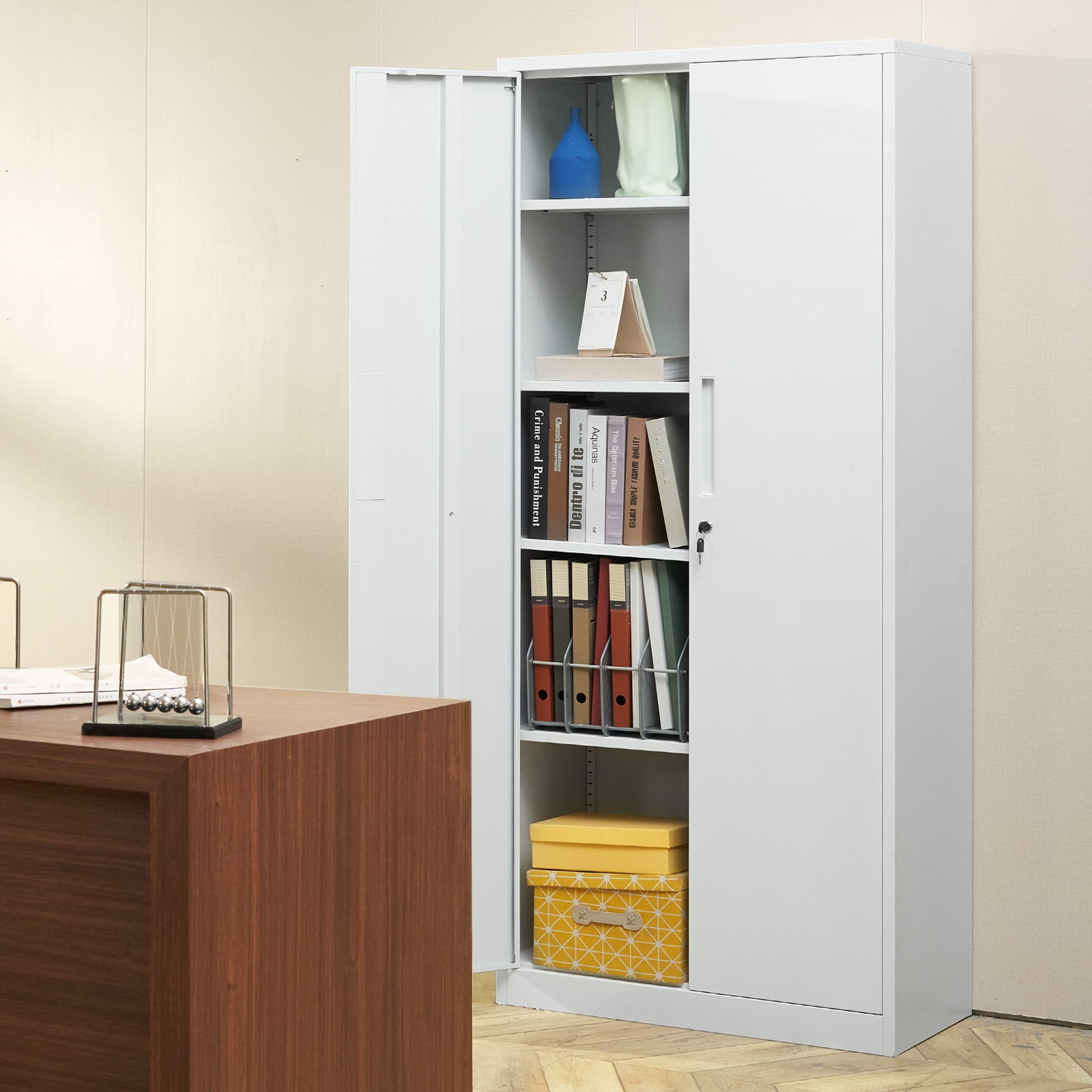 VEVOR Metal Storage Cabinet Garage Cabinets 71" Steel File Tool Organizer Cabinets w/ 3 Keys 4Adjustable Shelves & Magnetic Lockable Door for Office,Home,Garage,School,Warehouse White