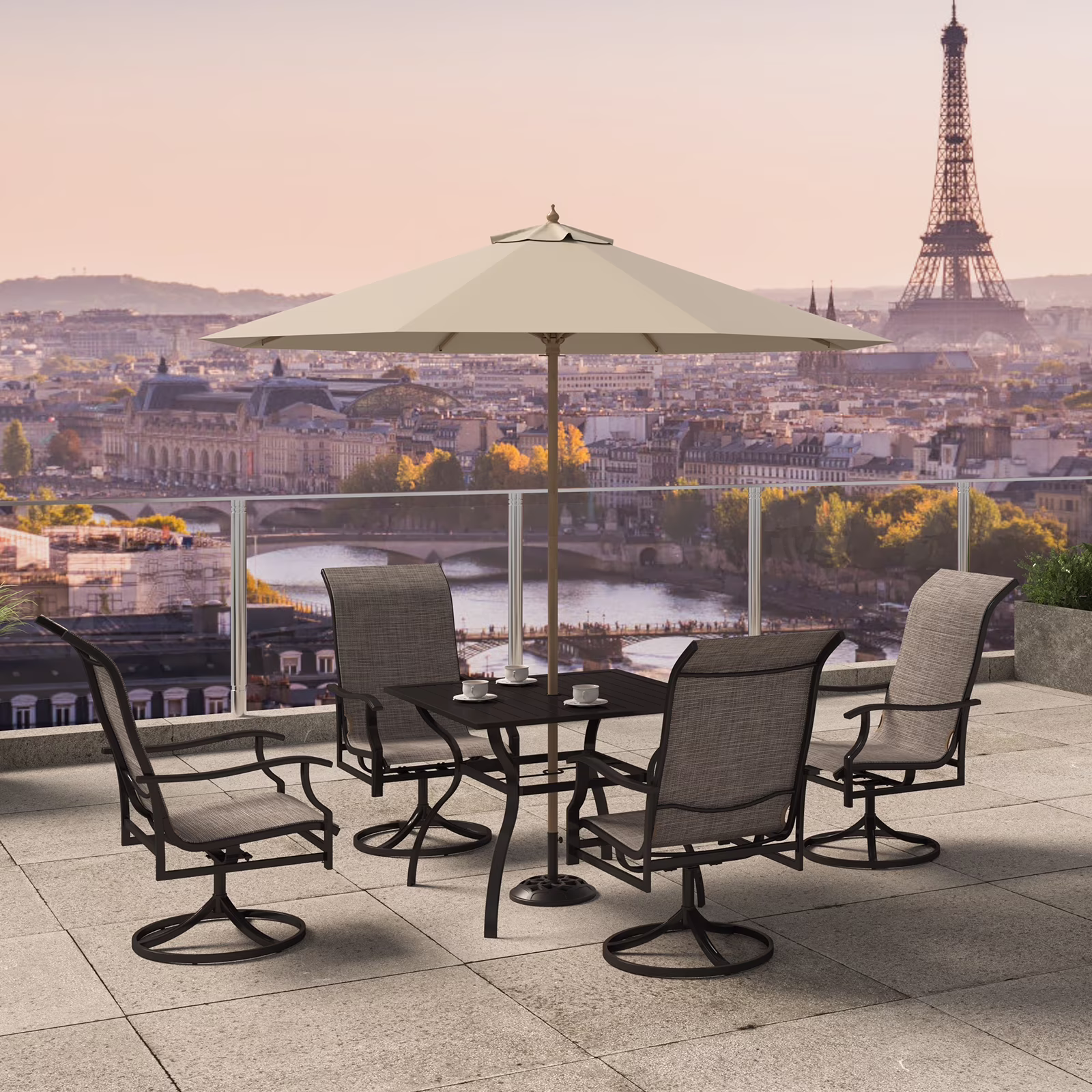 BENTISM Outdoor 5 Piece Metal Steel Frame & Textilene Fabric Dining Set Black