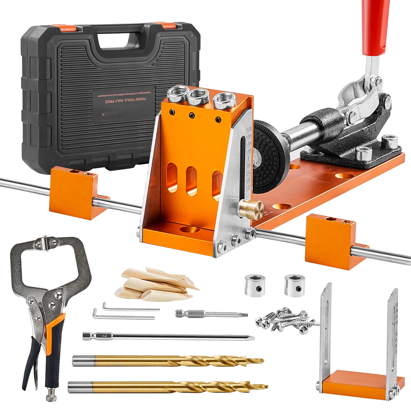 VEVOR Pocket Hole Jig Kit, 34 Pcs Pocket Hole Jig System with 11" C-clamp, Fixture, Step Drills, Wrenches, Drill Stop Rings, Square Drive Bits, Toolbox, for DIY Carpentry Projects, Adjustable