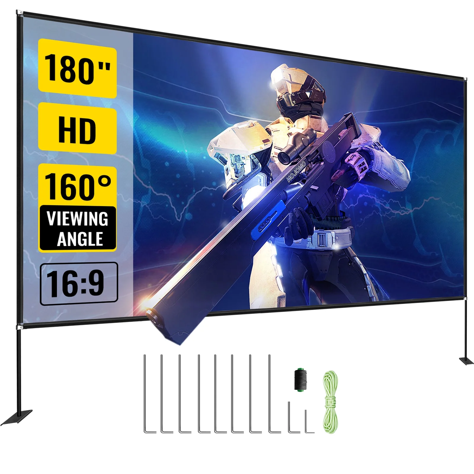 VEVOR Projector Screen Outdoor Movie Screen w/ Stand Portable Movie Screen 180" 16:9 4K HD Wide Angle Projector Screen Easy Assembly with Storage Bag for Home Office Outdoor Use