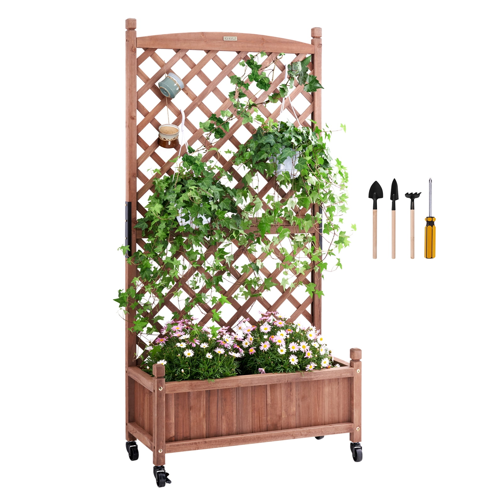 VEVOR Raised Garden Bed with Trellis, 30" x 13" x 61.4" Outdoor Raised Wood Planter with Drainage Holes, Free-Standing Trellis Planter Box