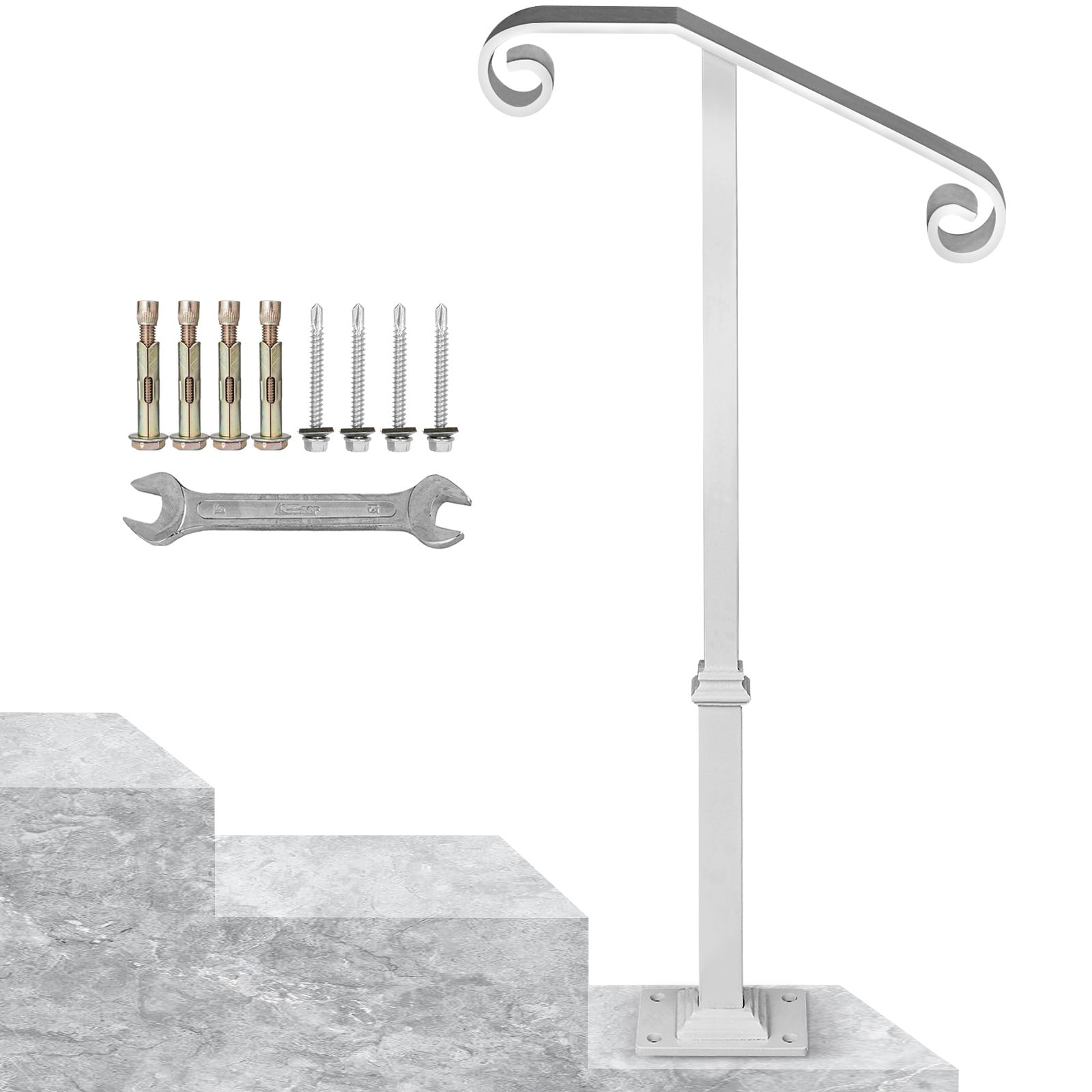 BENTISM Single Post Handrail Fits 1 or 2 Steps Stair Railing Wrought Iron Handrail Grab Rail Single Post Railing Kit with Base Plate, White