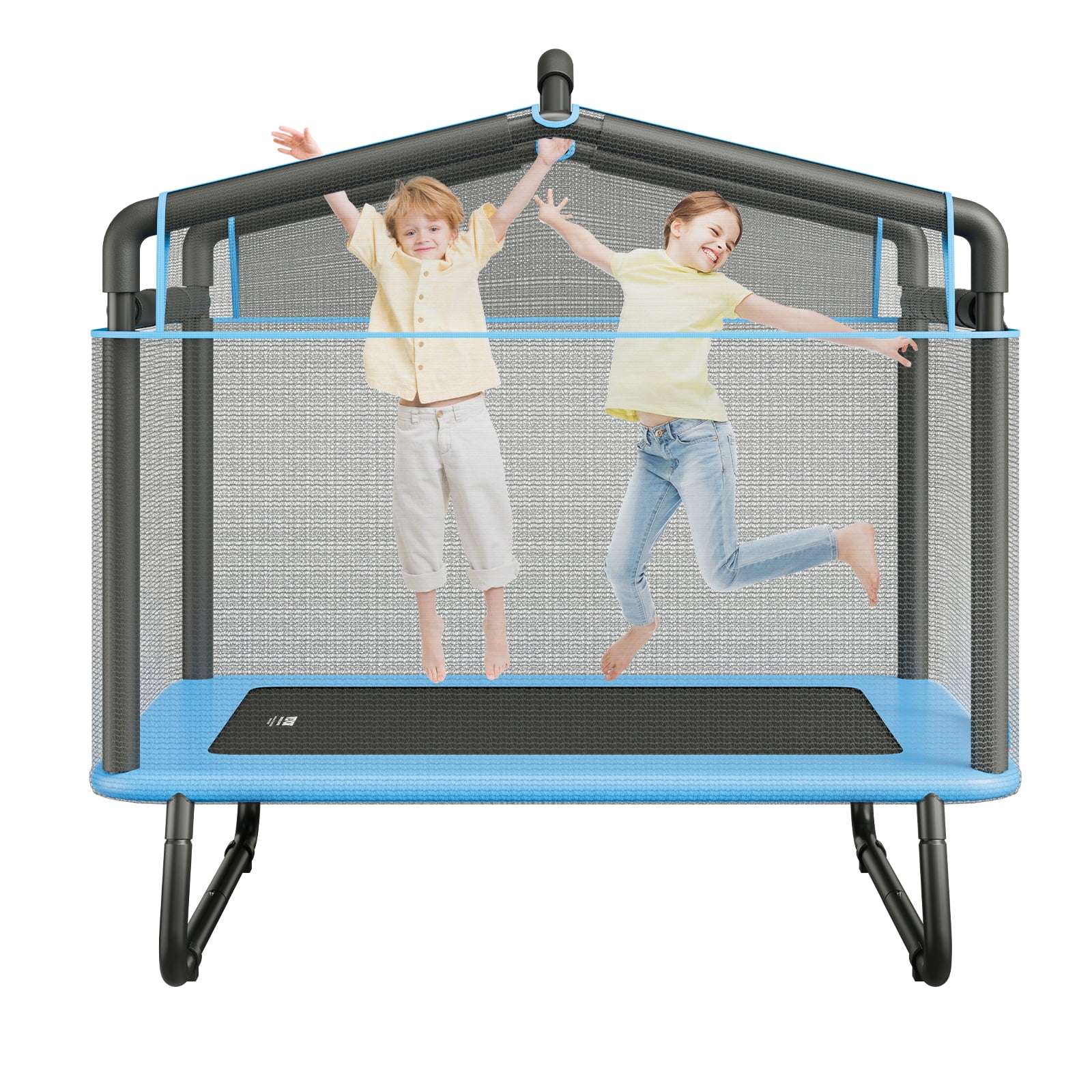 BENTISM Trampoline for Kids Toddlers with Enclosure Net Gymnastics Bar Hammock, Blue, 64.96" x 49.61" x 68.90"