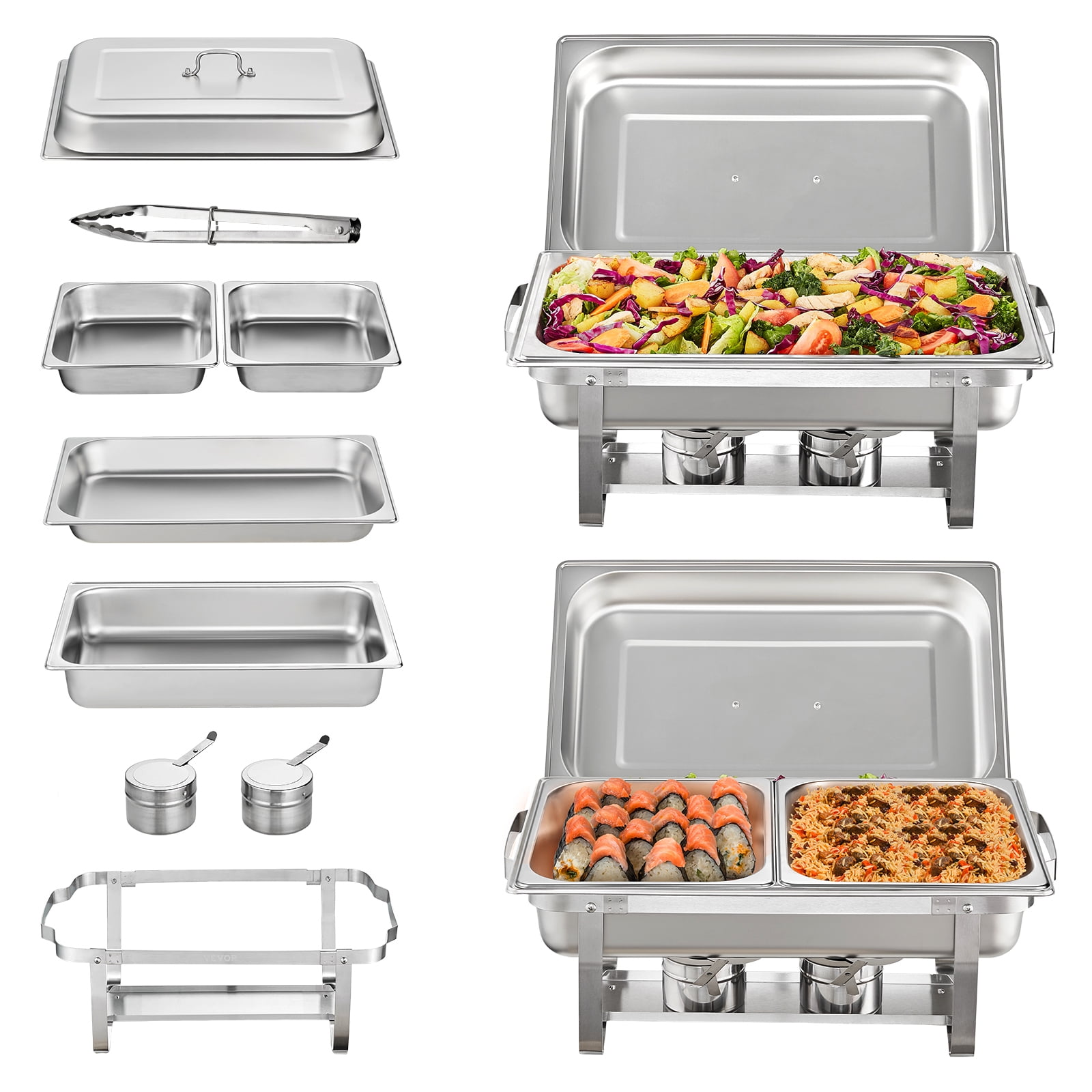 VEVOR 2 Pack 8QT Chafing Dish Buffet Set , Upgrade S210 Stainless Steel Rectangle Catering Food Warmer Chafer w/ 2 Full Size & 4 Half Size Pans Kit Suitable for at least 8 people