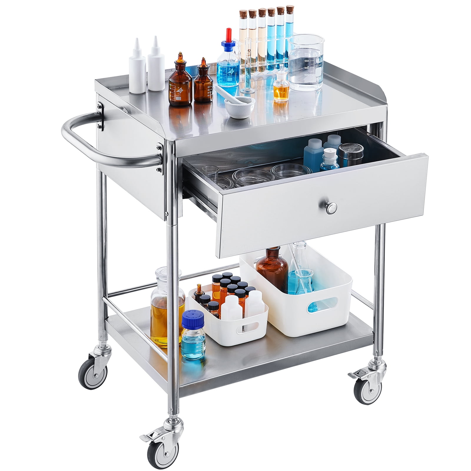VEVOR 2-Tier Lab Cart Stainless Steel Cart Utility Rolling Cart Mobile Lab Utility Cart with A Drawer & 3 Shelves 220 lbs Catering Dental Utility Cart Dolly Restaurant 28.0'' x 16.6'' x 30.9''