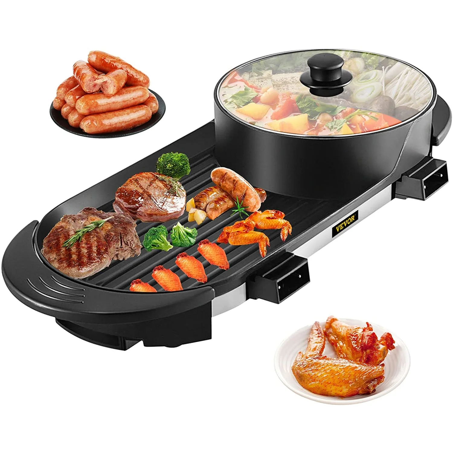 BENTISM 2 in 1 BBQ Pan Grill and Hot Pot with Divider Multifunctional Teppanyaki Grill Pot, for Indoor Korean BBQ, Shabu Shabu Black