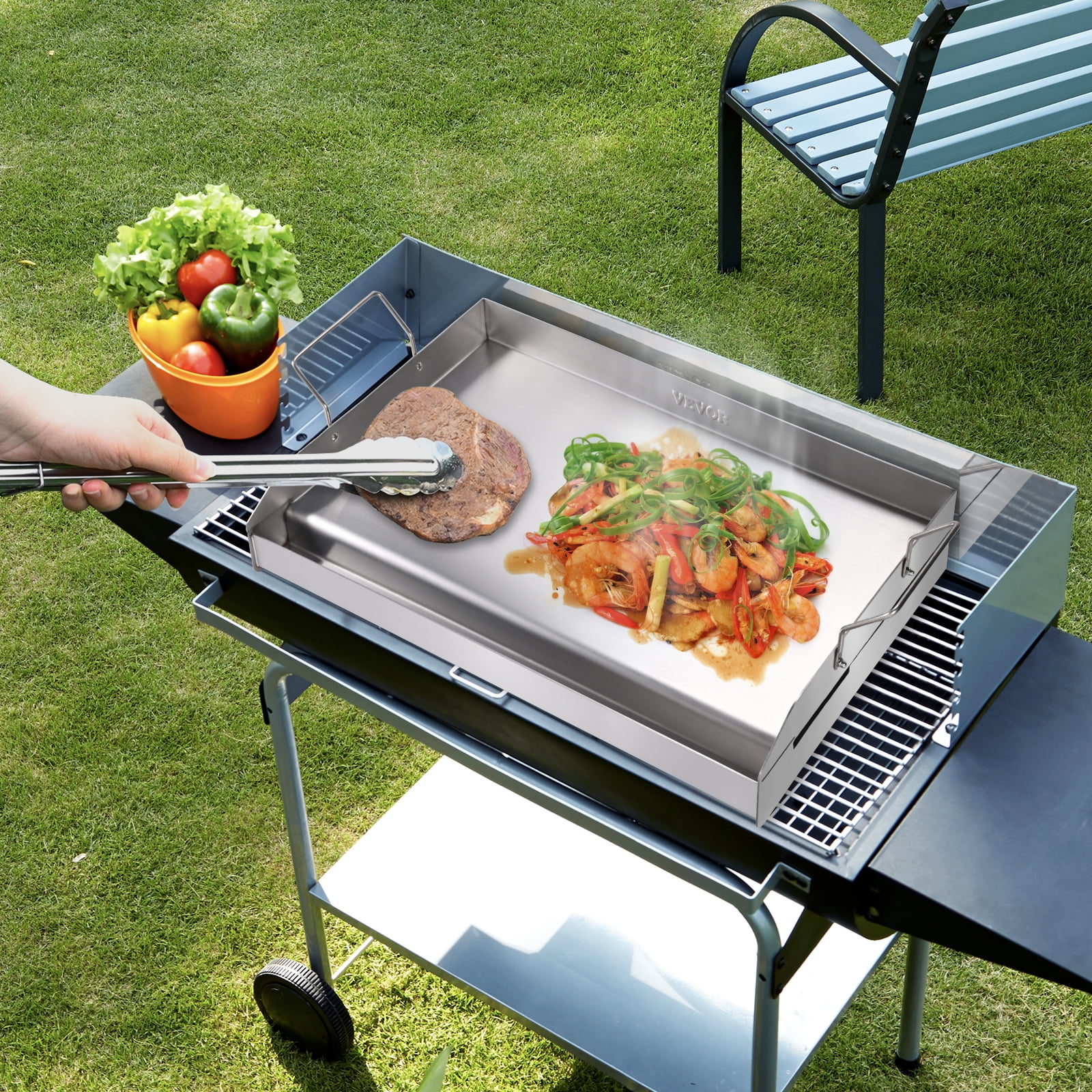 VEVOR 23.5"x16" Flat Top Griddle Stainless Steel BBQ Gas Grill 2 Burners Silver