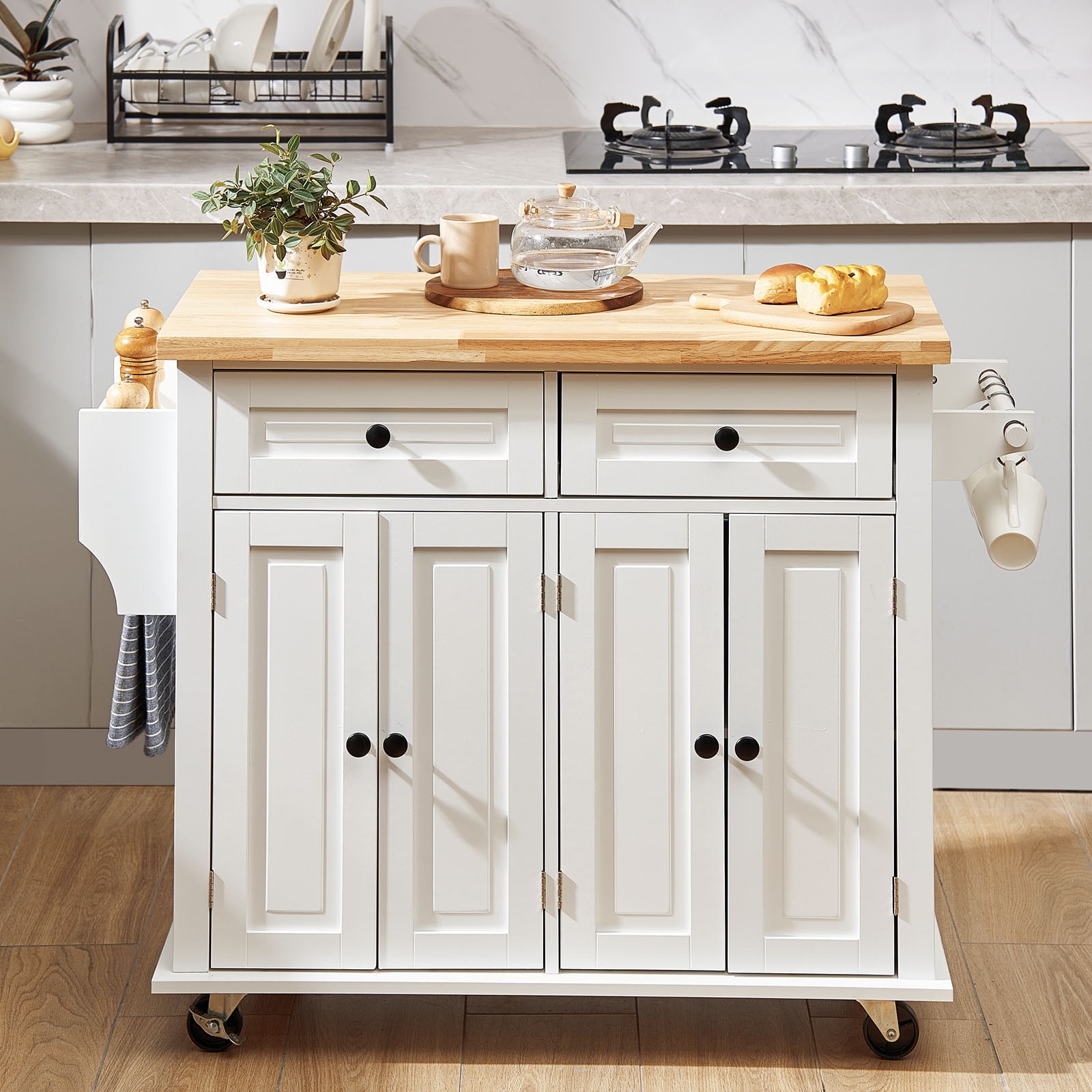 BENTISM 35.4" Kitchen Island on Wheels Cart Rubber Solid Wood Countertop Rolling Storage Cabinet with 2 Drawers & Spice Rack & Towel Holder, White