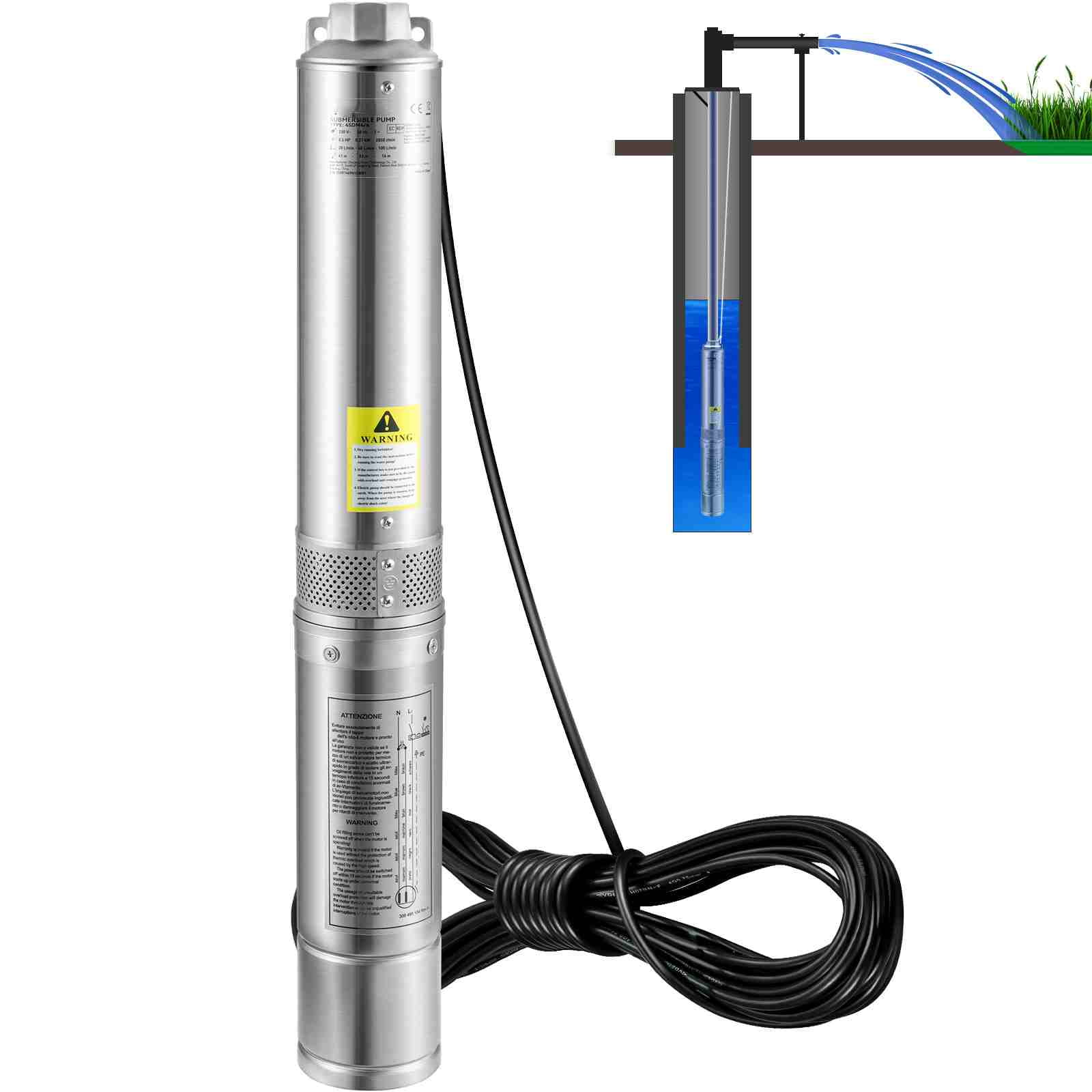 VEVORDeep Well Submersible Pump, 0.5HP/370W 230V/60Hz, 28GPM 167 ft Head, with 33 ft Electric Cord, 4 inch Stainless Steel Water Pumps for Industrial, Irrigation and Home Use, IP68 Waterproof Grade