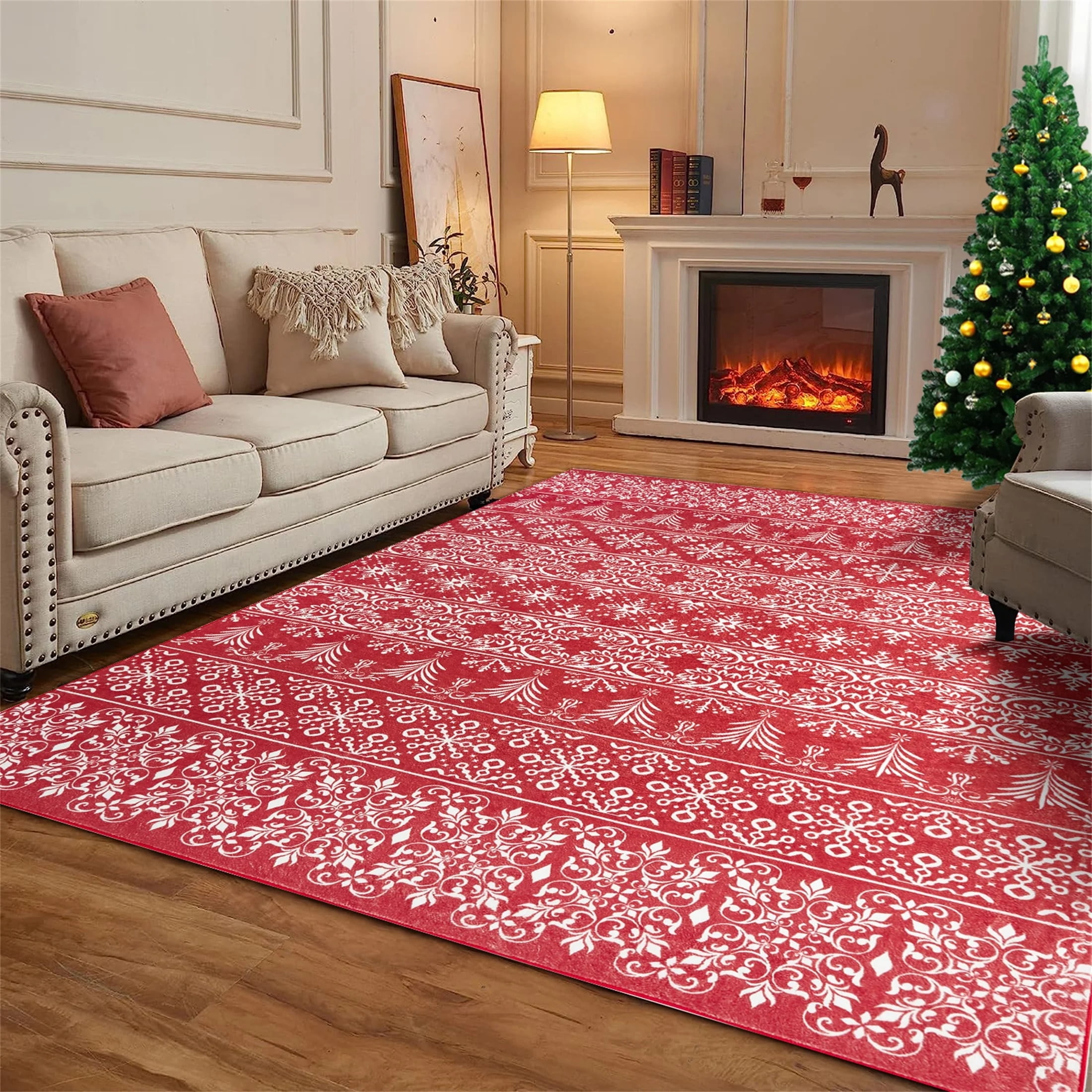 BERTHMEER Christmas Area Rugs for Living Room,Non-Slip Entrance Hall Rugs,Kitchen Washable Rugs,Baroque Decorative Carpet,Red and White 5x7 ft