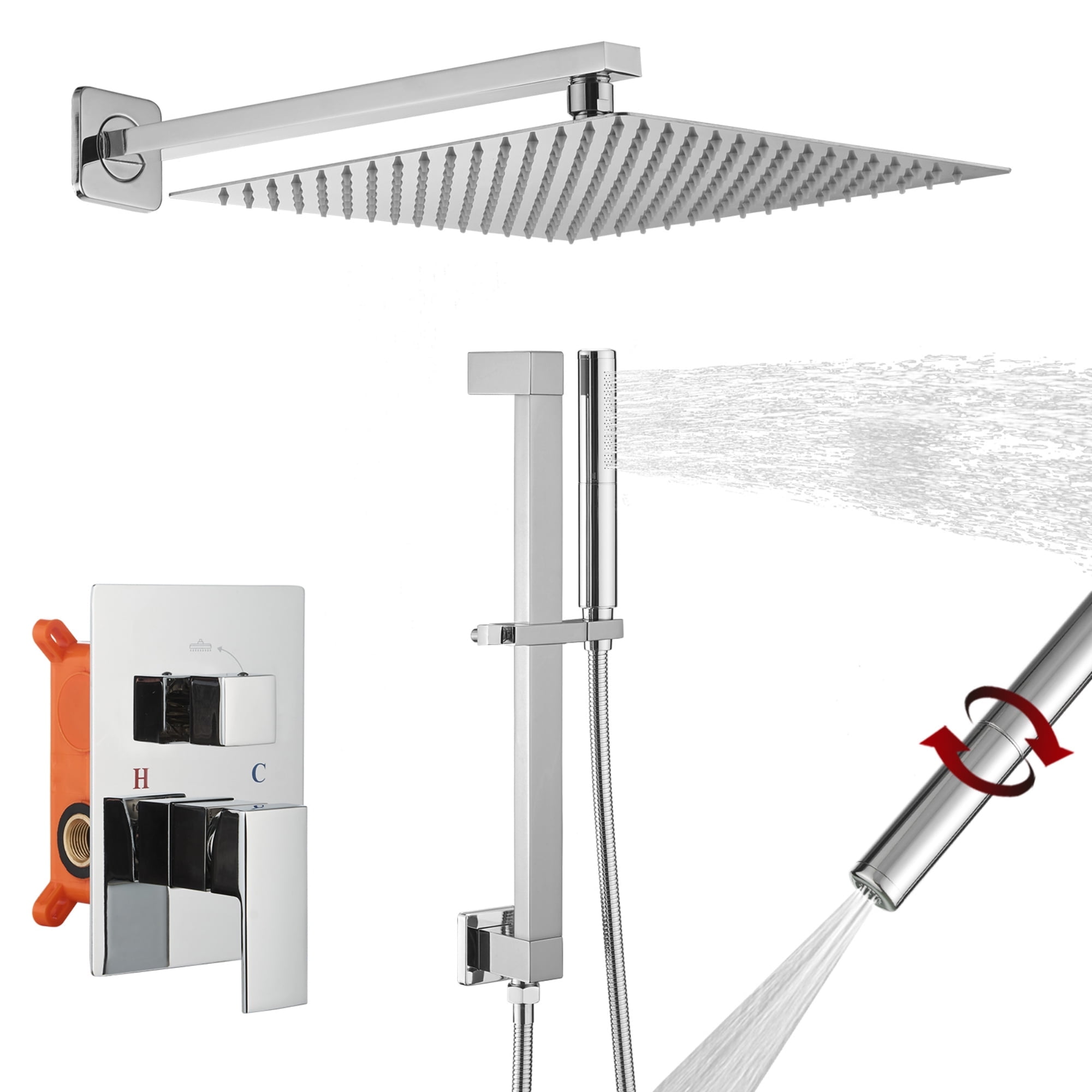 BESy 12 inch Polished Chrome Shower System Rain Shower Head with 2 in 1 Handheld Shower, Rainfall Shower System with Adjustable Slide Bar, Shower Faucet Fixture Combo Set