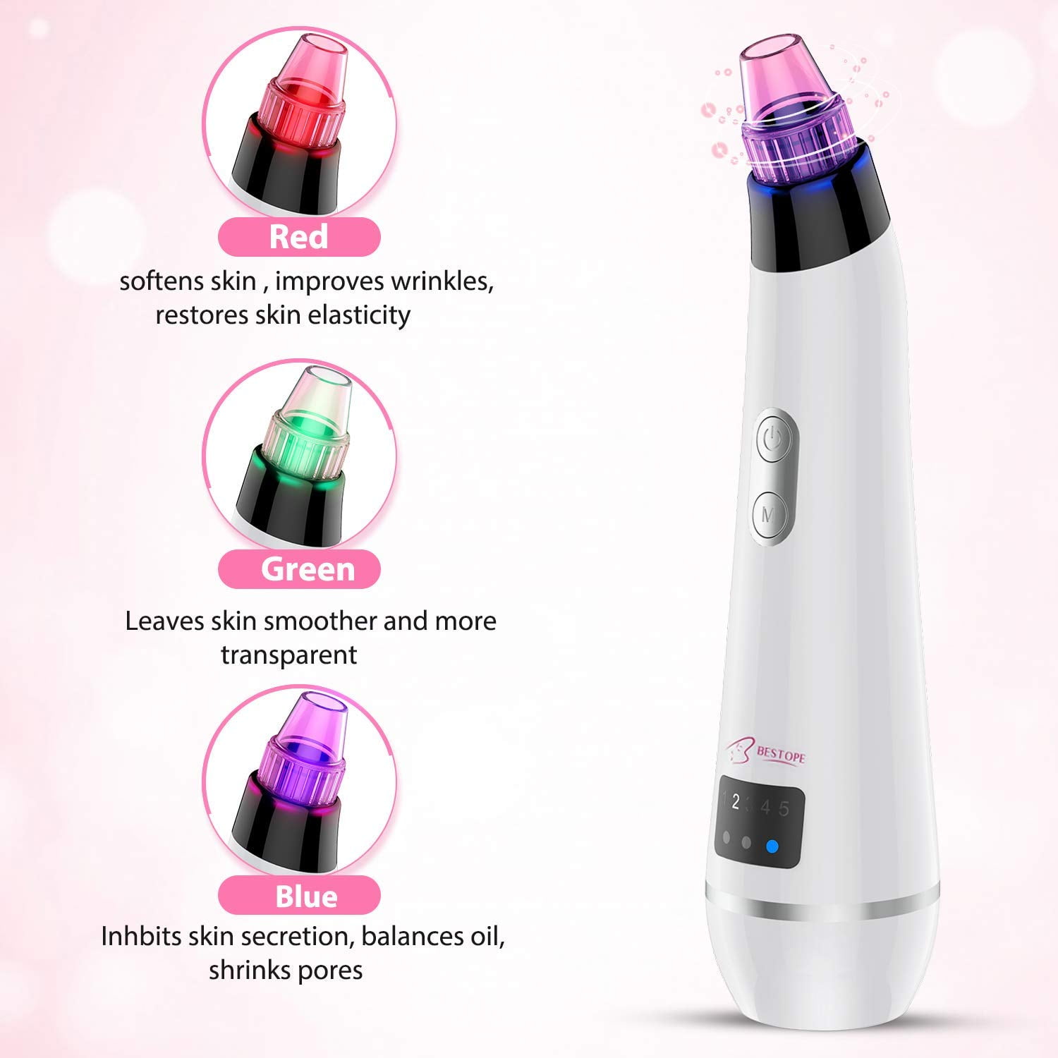 BESTOPE Blackhead Remover Vacuum, Skin Vacuum Pore Cleaner Blackhead Removal Tool Electric Acne Comedone Suction Device with IPL Beauty Lamp 4 Blackhead Extractor Tool for All Facial Skin Treatment