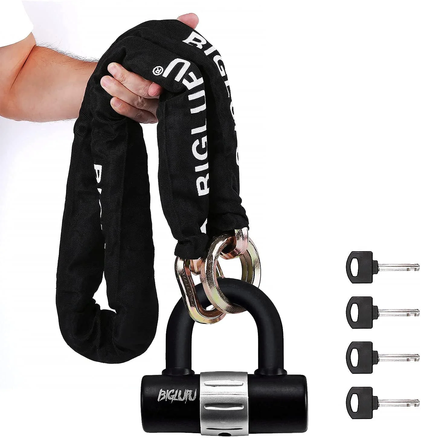 BIGLUFU Motorcycle Chain Locks Heavy Duty 5ft Long, Cut Proof 0.6 inch Thick Square Chains with 4 Keys U Lock, for Motorcycles , Bike, Generator, Gates