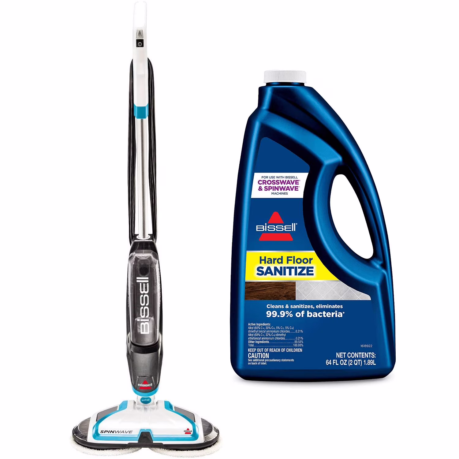 BISSELL Spinwave Hard Floor Powered Mop and Clean and Polish, 2039W & BISSELL Hard Floor Sanitize Formula Cleaner, Fresh Scent 64 FL OZ 25041