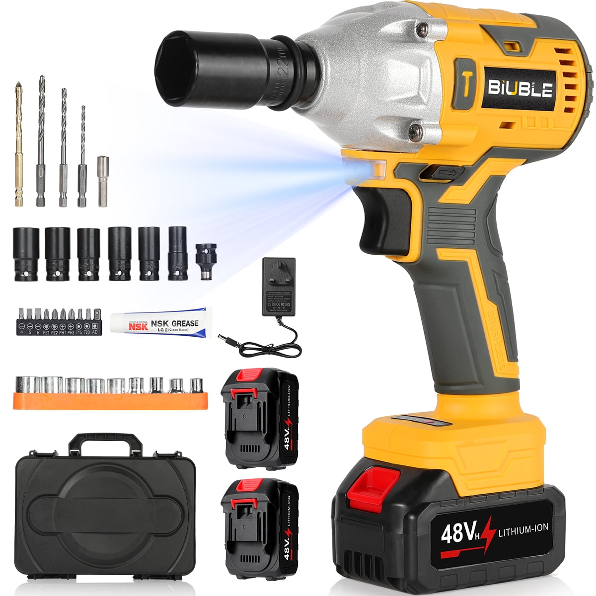 BIUBLE Impact Wrench, 1/2" Electric wrenches, Power Impact Driver Max Torque 1000N.m, Cordless Impact Wrench with 48V Brushless Motor, with 2 Battery