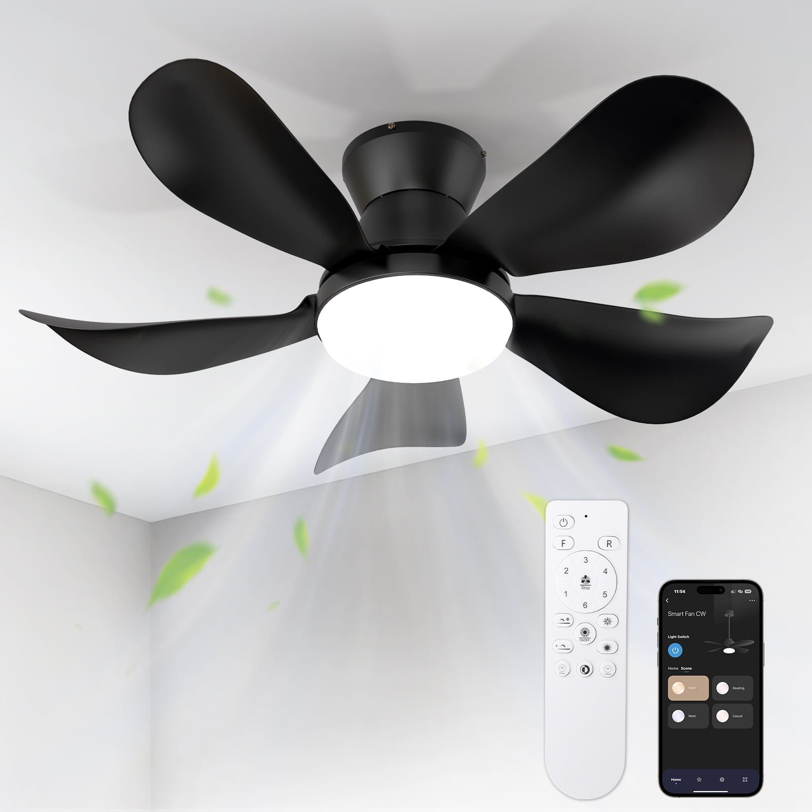 BLITZWILL Ceiling Fans with Lights and Remote & App Control,26 inch Low Profile Modern Ceiling Fans with 5 Reversible Blades,3 Colors Dimmable 6 Speeds Quiet, for Bedroom Kitchen Garage,Black