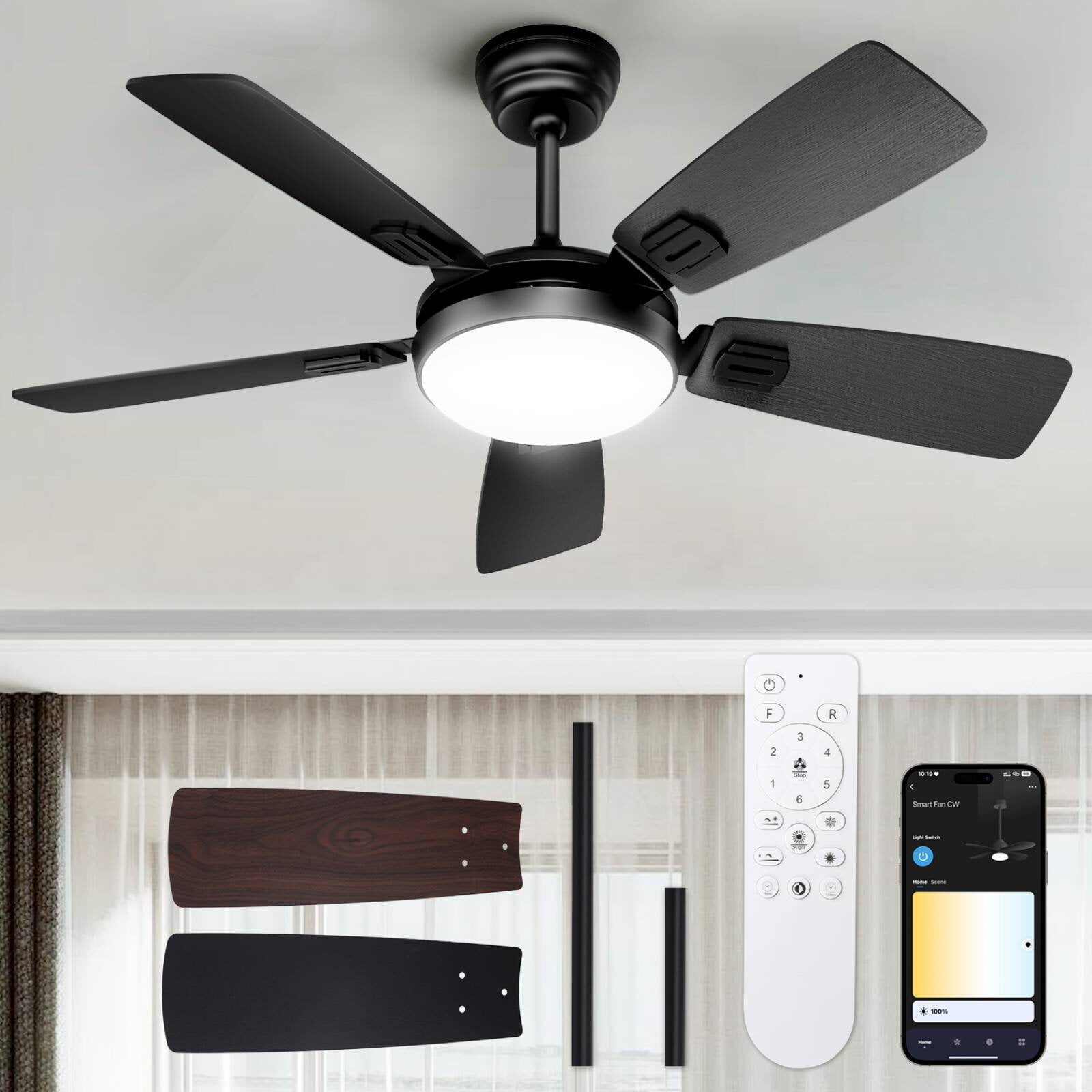 BLITZWILL Ceiling Fans with Lights and Remote & App Control, 42" Modern Ceiling Fan with 5 Dual-sided Blades, 6-Speeds Noiseless Reversible DC Motor for Farmhouse Bedroom Indoor, Black