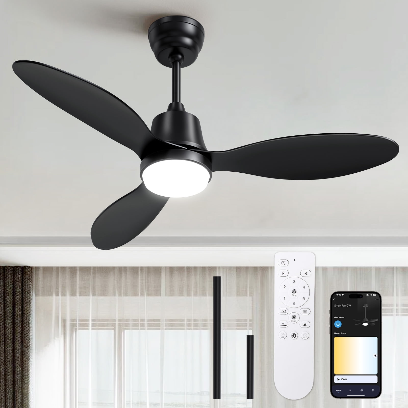 BLITZWILL Ceiling Fans with Lights and Remote & App Control,42 inch Modern Ceiling Fans,3 Reversible Blades Dimmable Noiseless, for Bedroom Kitchen Patio,Black