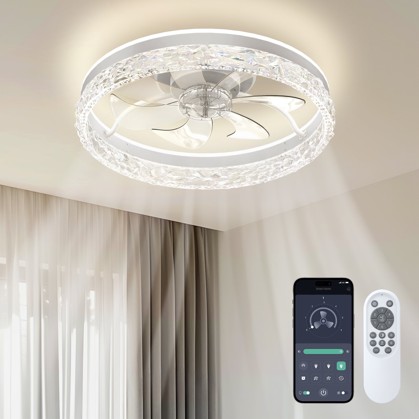 BLITZWILL Flush Mount Ceiling Fan with Lights, Remote & APP Control,20'' Low Profile Ceiling Fan, 3 Color Dimmable and 6 Speeds, Reversible Modern Ceiling Fan for Bedroom and Living Room, D-White