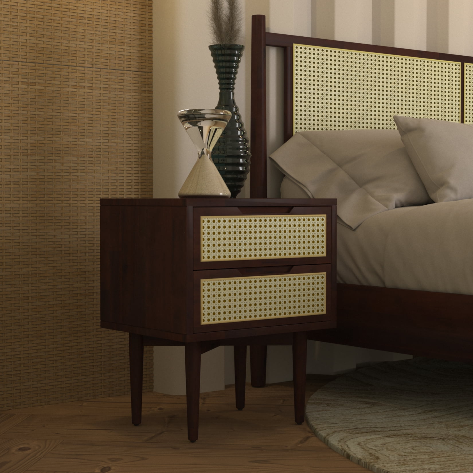 Asher Nightstand with 2 Drawers, Mid-Century and Bohemian, Solid Wood, Walnut